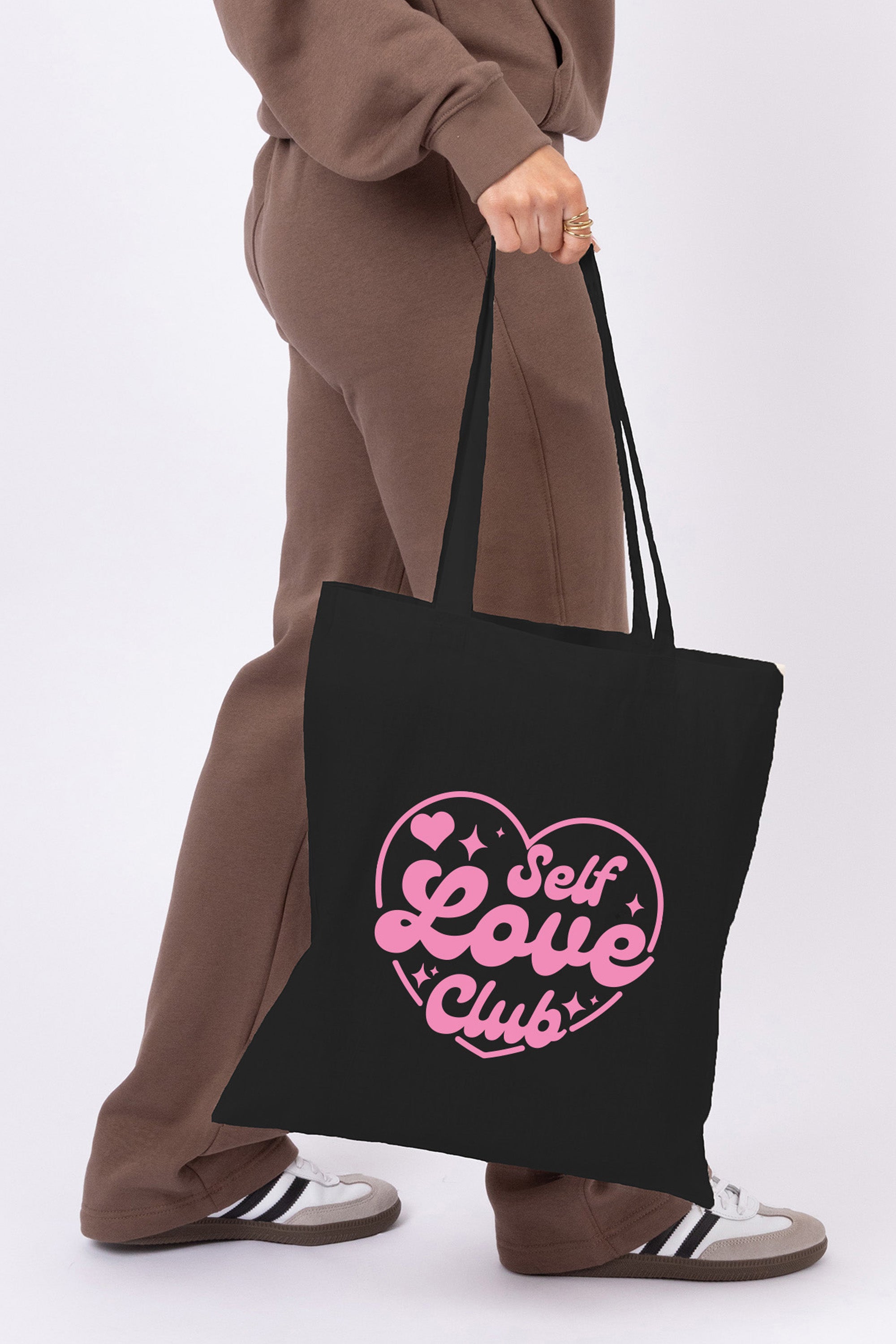 Self Love Club Heart Printed Cotton Long Handle Canvas Bag (Custom Pack)