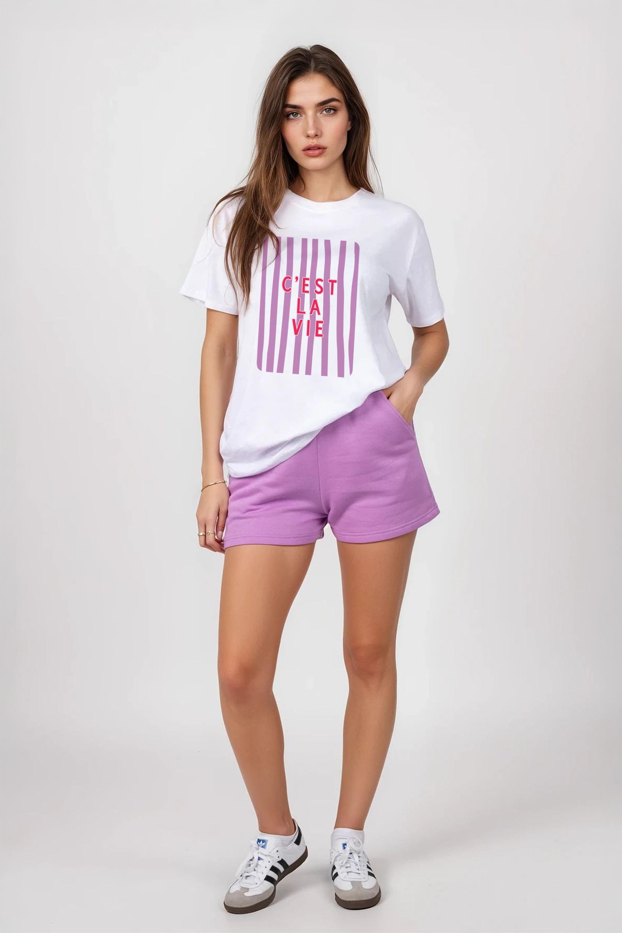 Regular Fit T-shirt LSF Short Sets In Retro C'est La Vie Print (Pack of 4 Sets)