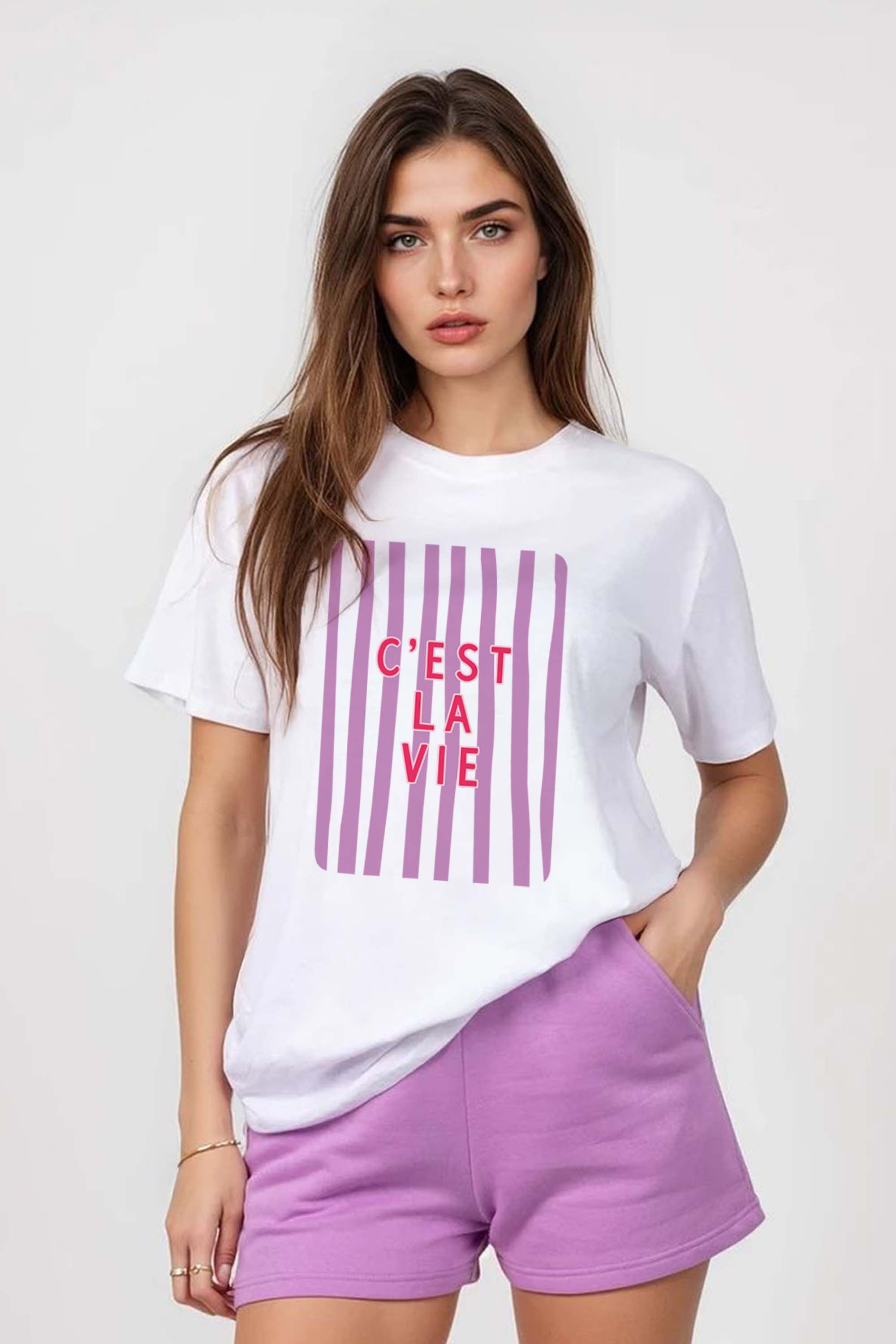 Regular Fit T-shirt LSF Short Sets In Retro C'est La Vie Print (Pack of 4 Sets)