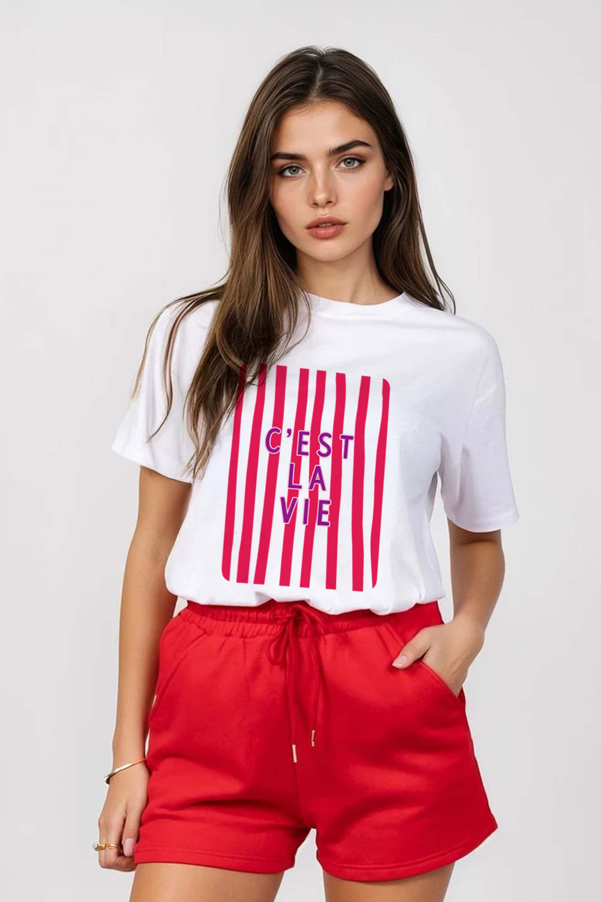 Regular Fit T-shirt LSF Short Sets In Retro C'est La Vie Print (Pack of 4 Sets)