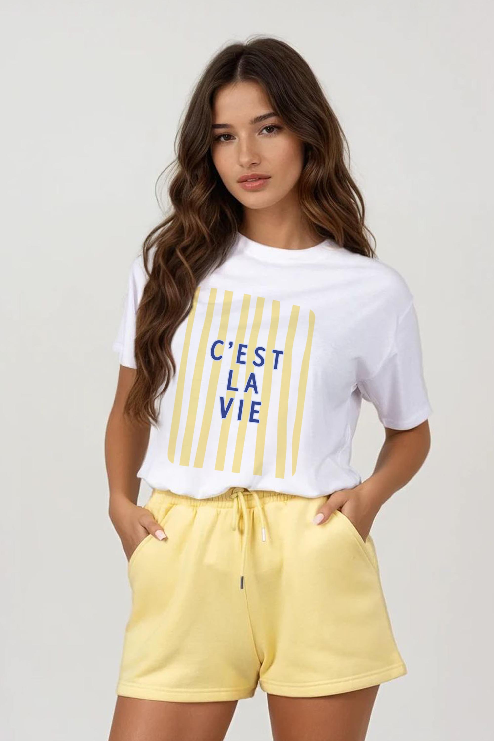 Regular Fit T-shirt LSF Short Sets In Retro C'est La Vie Print (Pack of 4 Sets)
