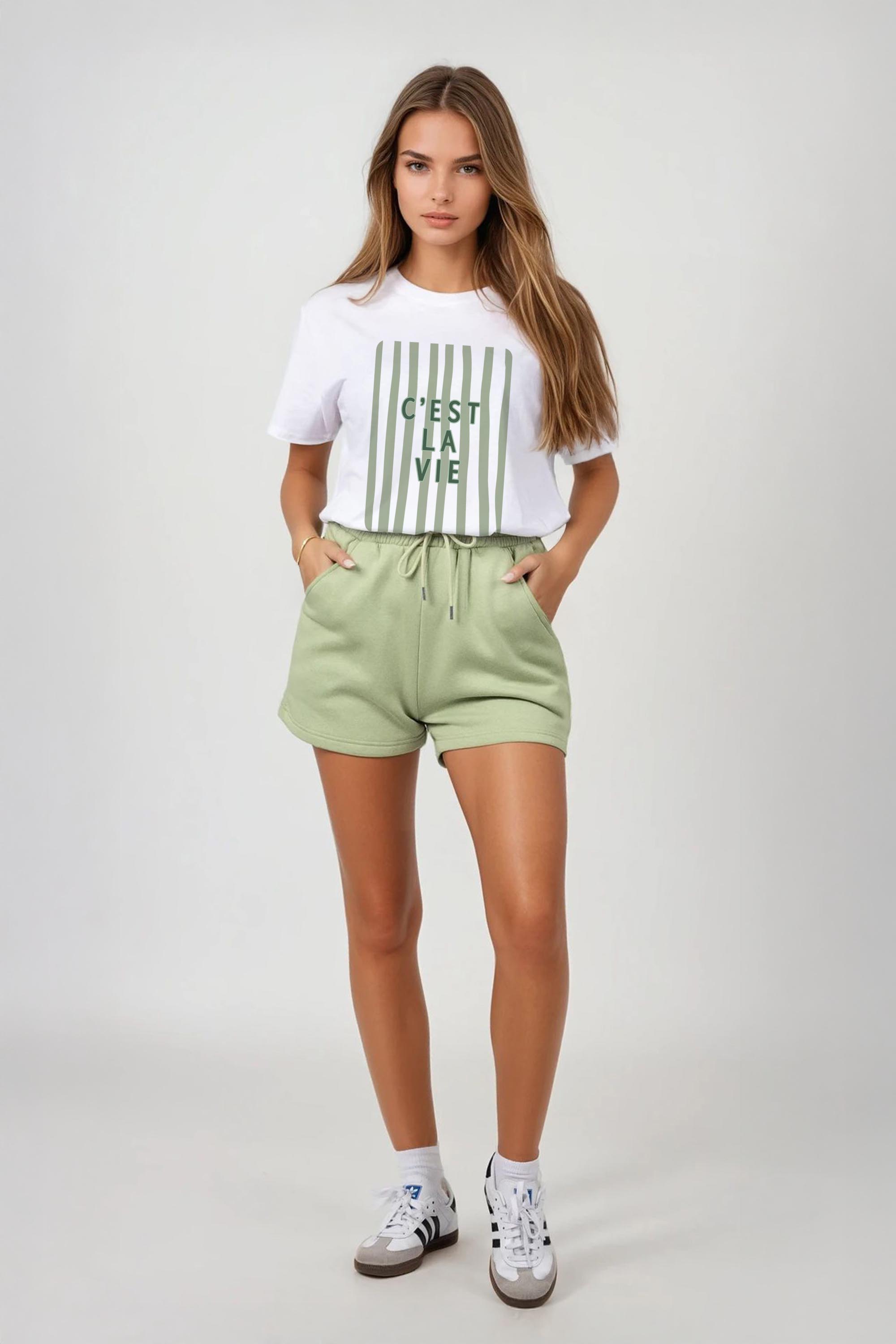 Regular Fit T-shirt LSF Short Sets In Retro C'est La Vie Print (Pack of 4 Sets)