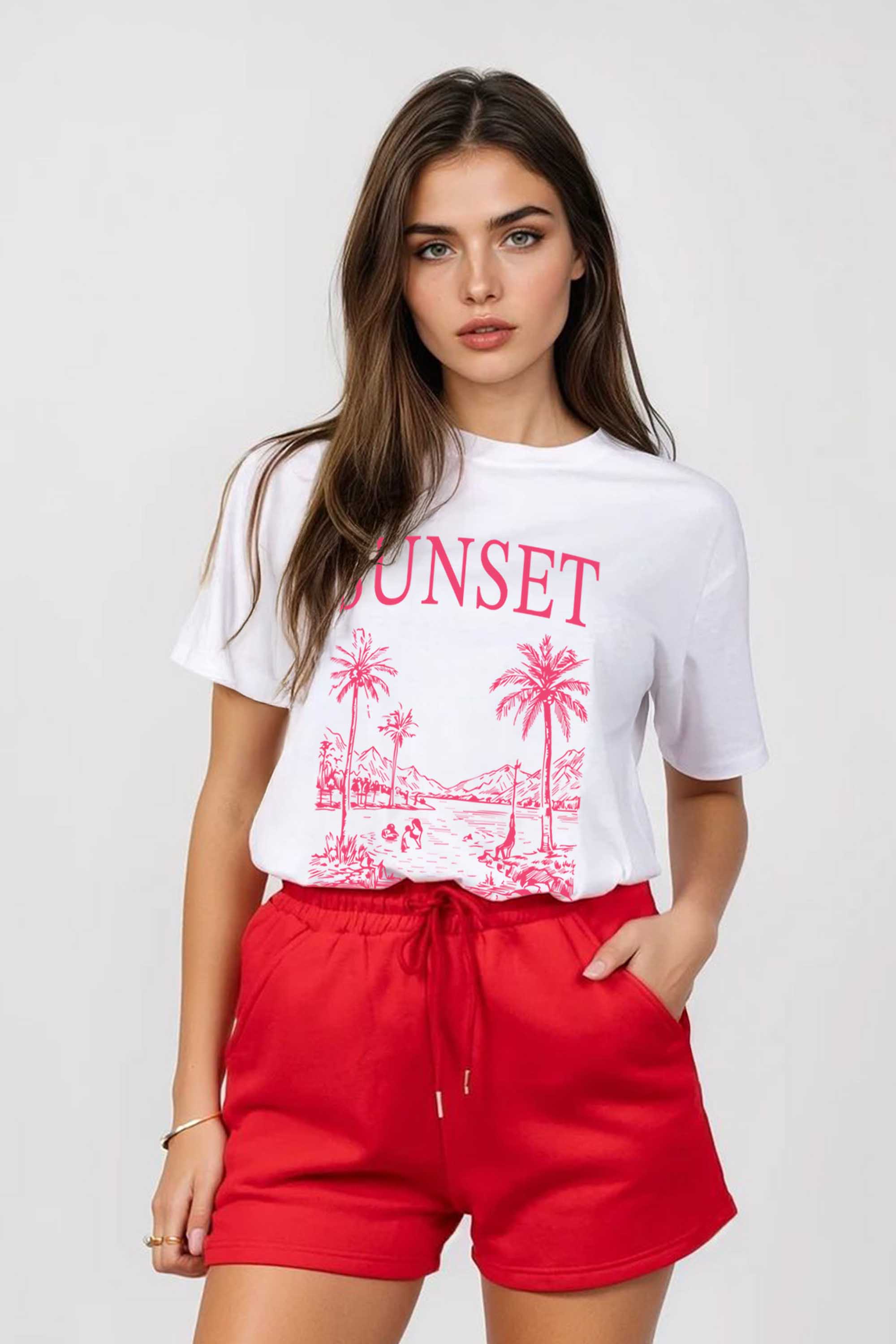 Regular Fit T-shirt LSF Short Sets In Sunset Print (Pack of 4 Sets)