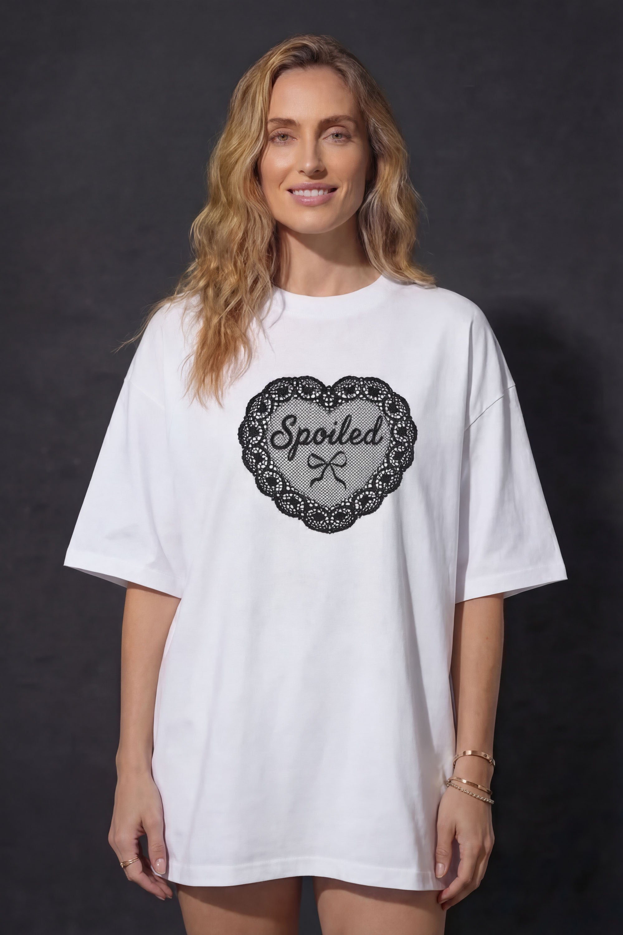 220GSM Oversized T-Shirt in Spoiled Lace Heart Print