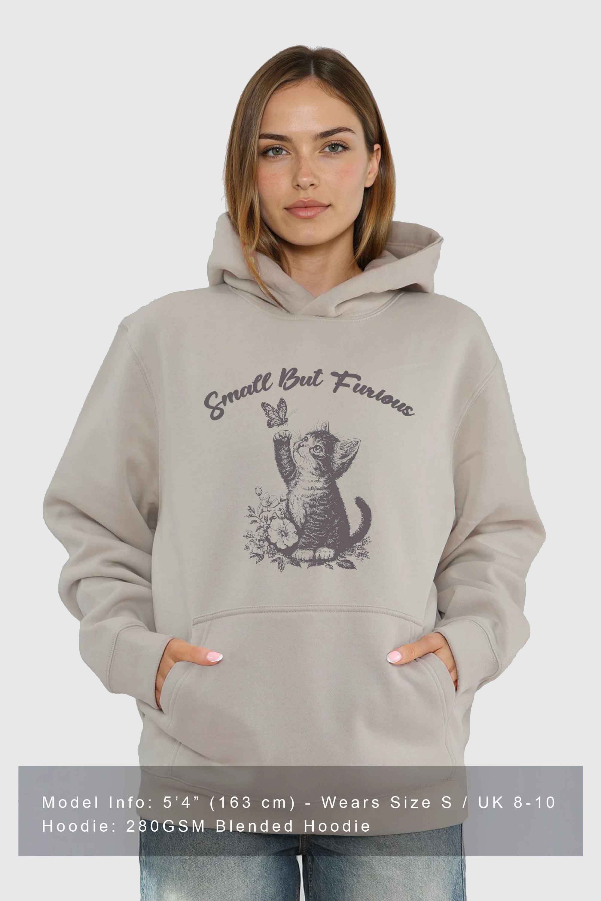 Unisex 280GSM Blended Small But Furious Cat Printed Hoodie
