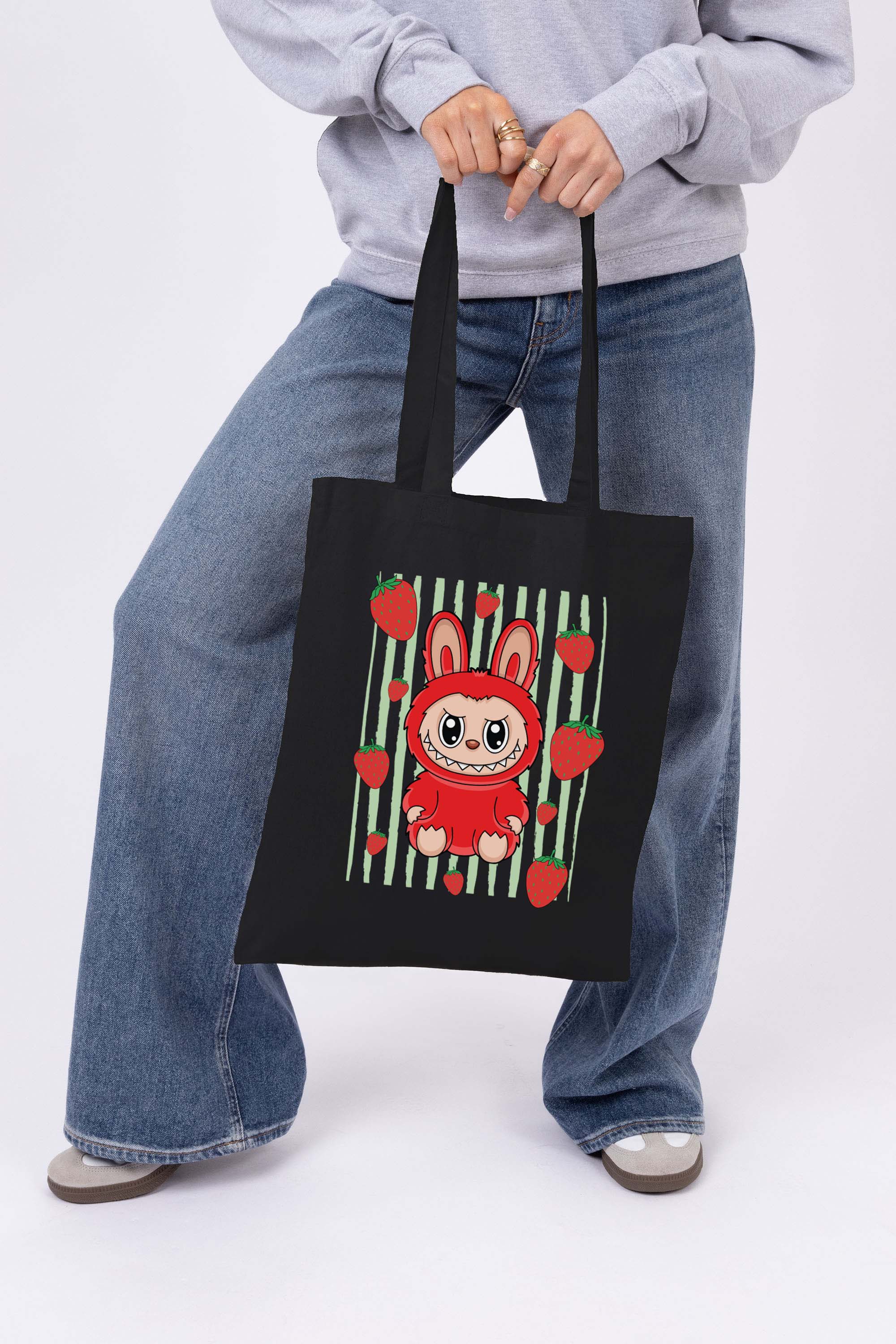 Strawberry Labubu Printed Cotton Tote Bag