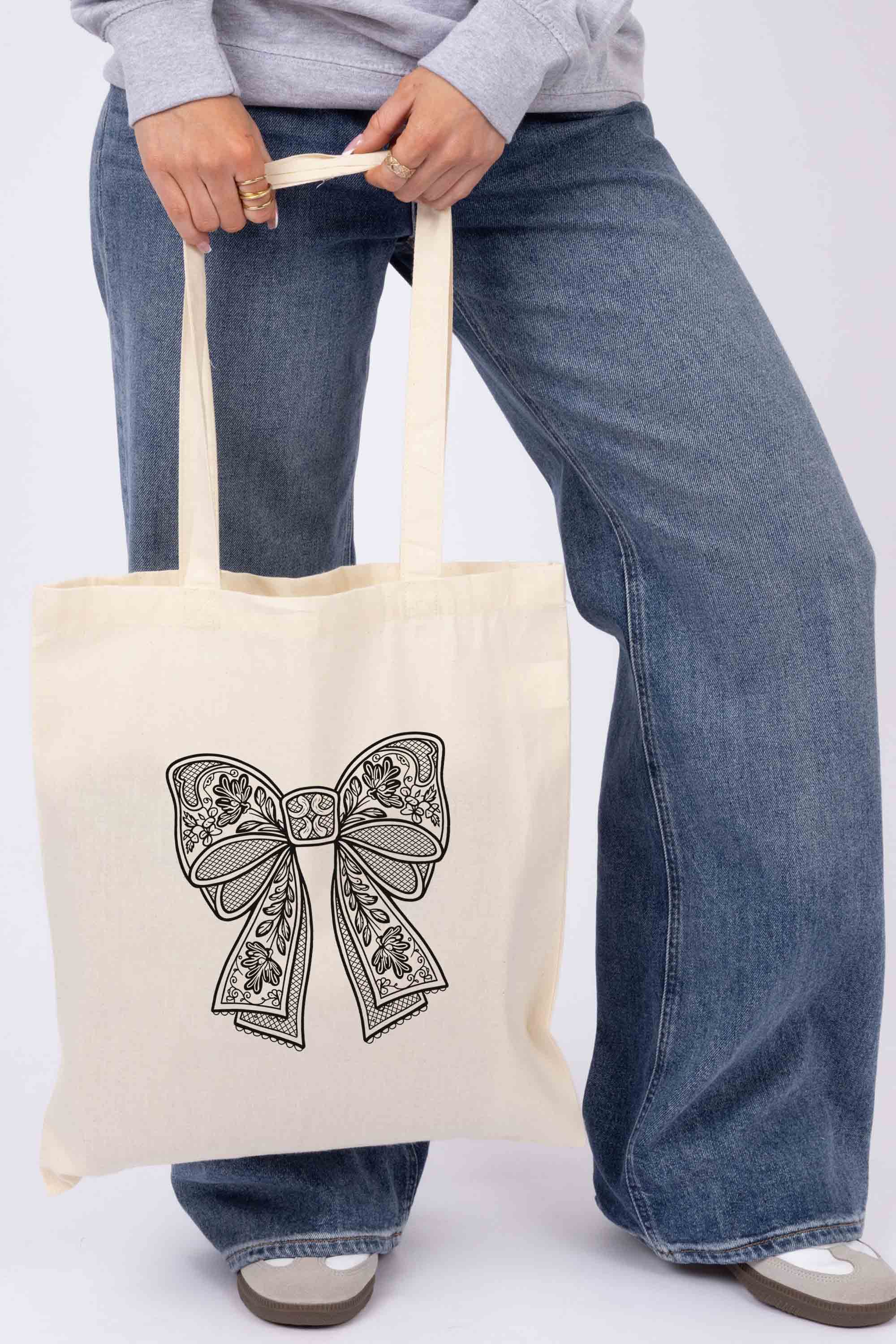 Lace Bow Printed Cotton Tote Bag