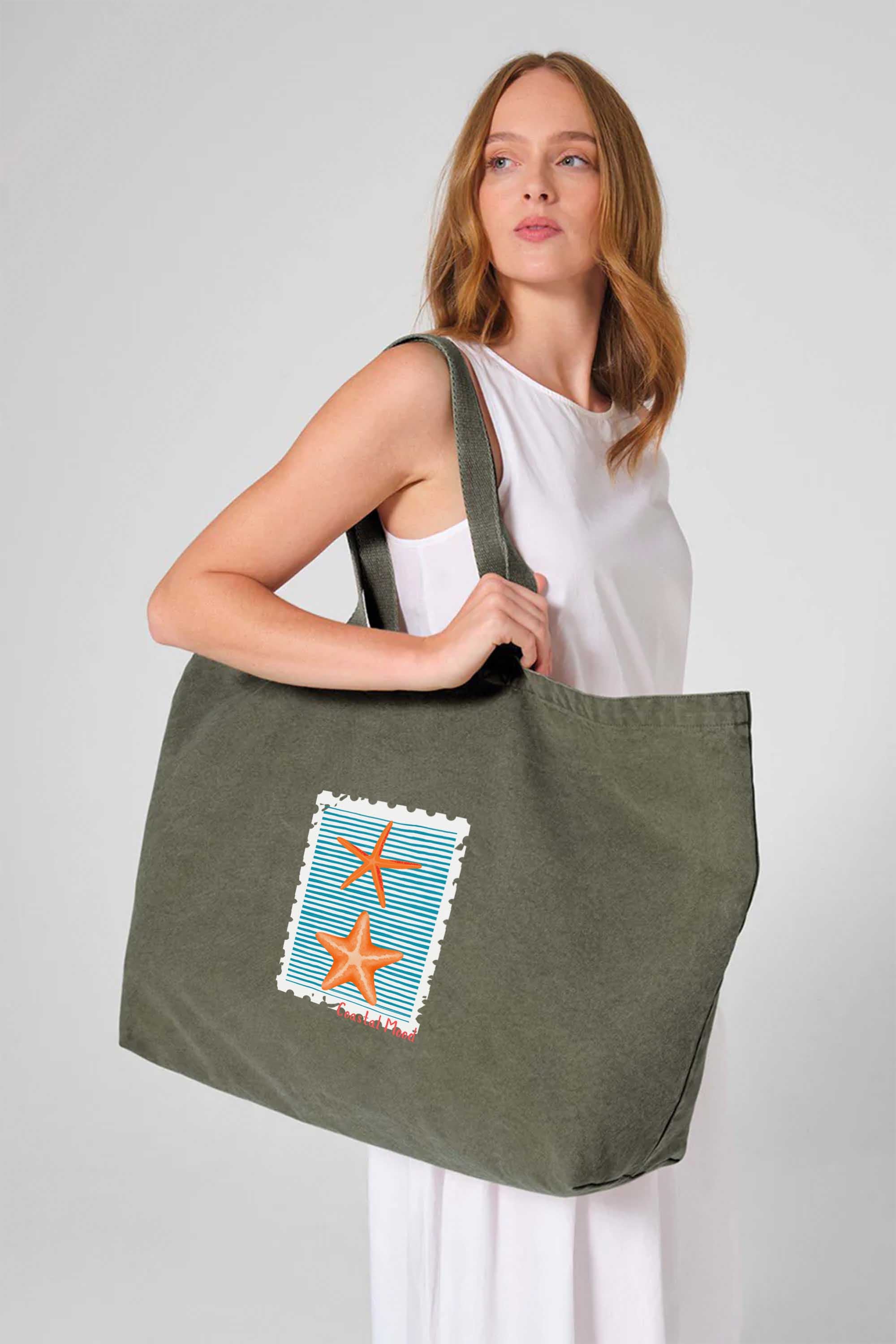 407gsm Acid Washed Coastal Mood Printed Oversized Cotton Tote Bag