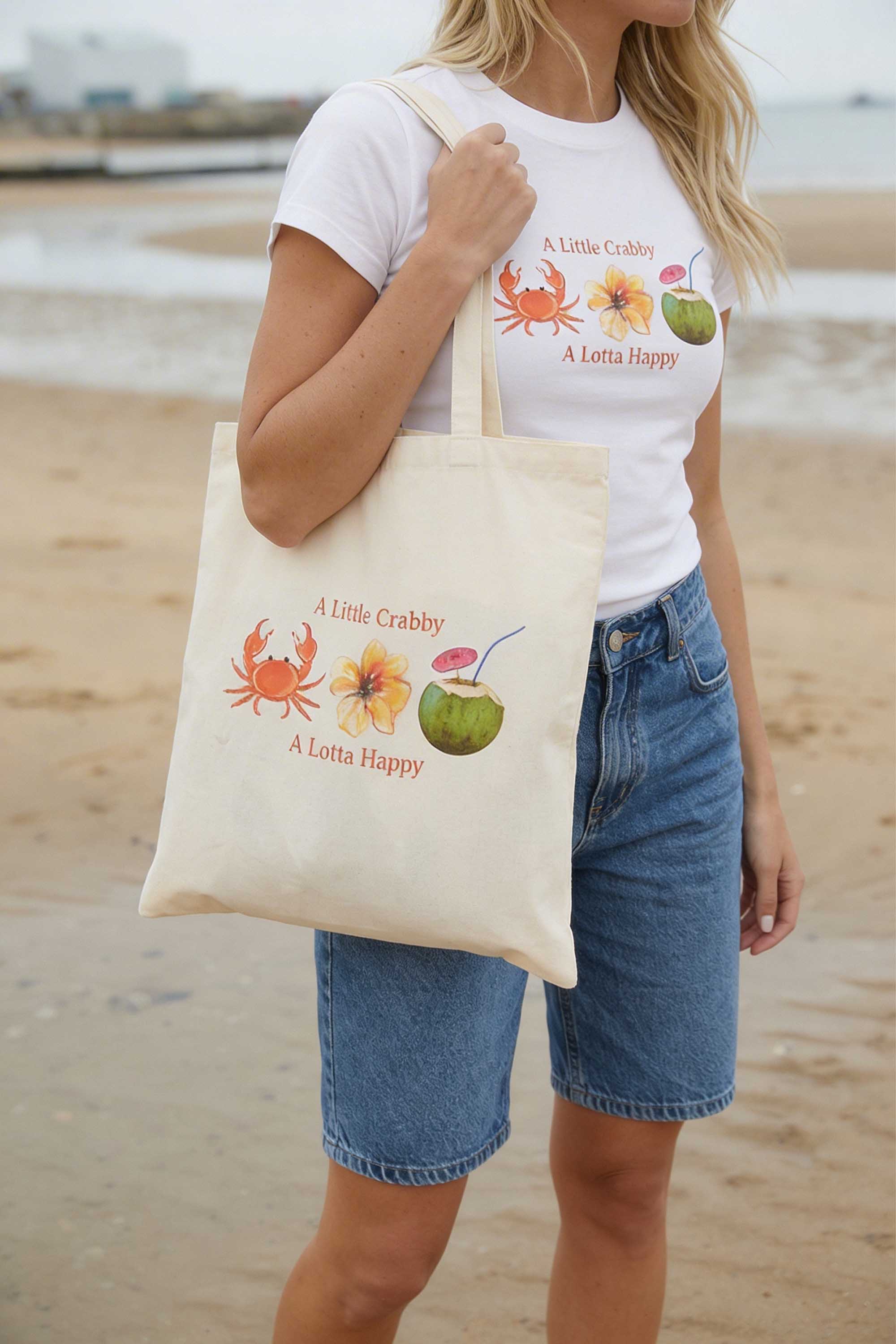 A Little Crabby A Lotta Happy Printed Cotton Tote Bag