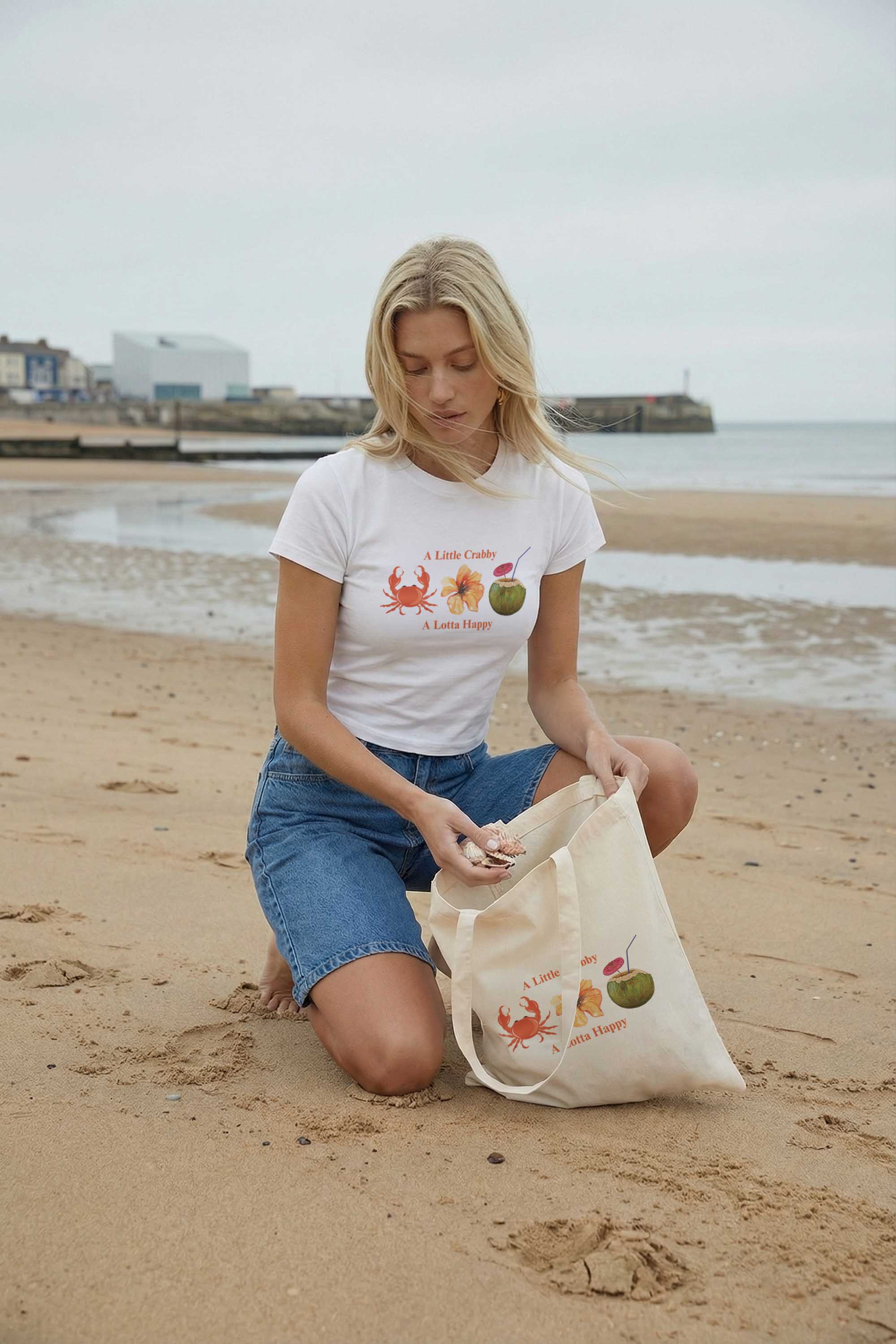 A Little Crabby A Lotta Happy Printed Cotton Tote Bag