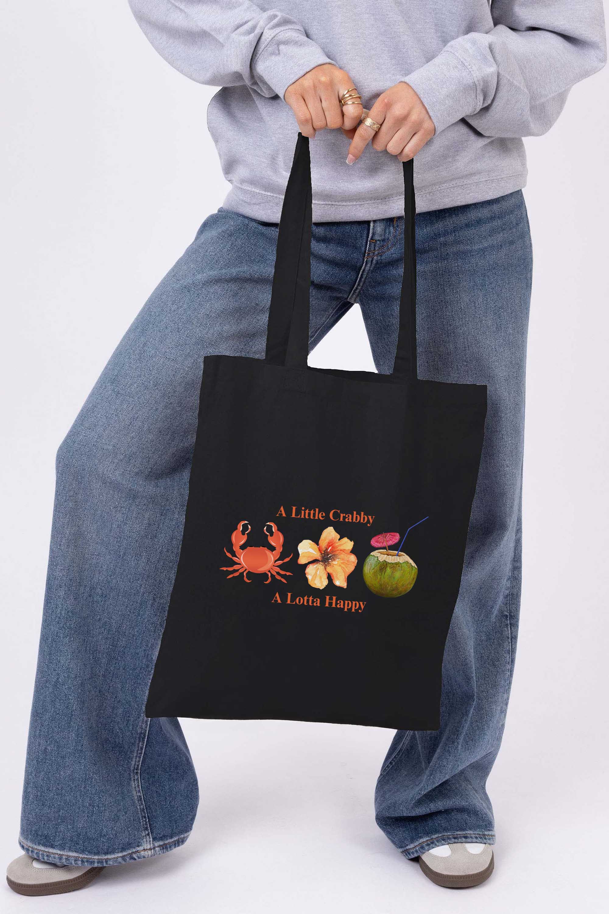 A Little Crabby A Lotta Happy Printed Cotton Tote Bag