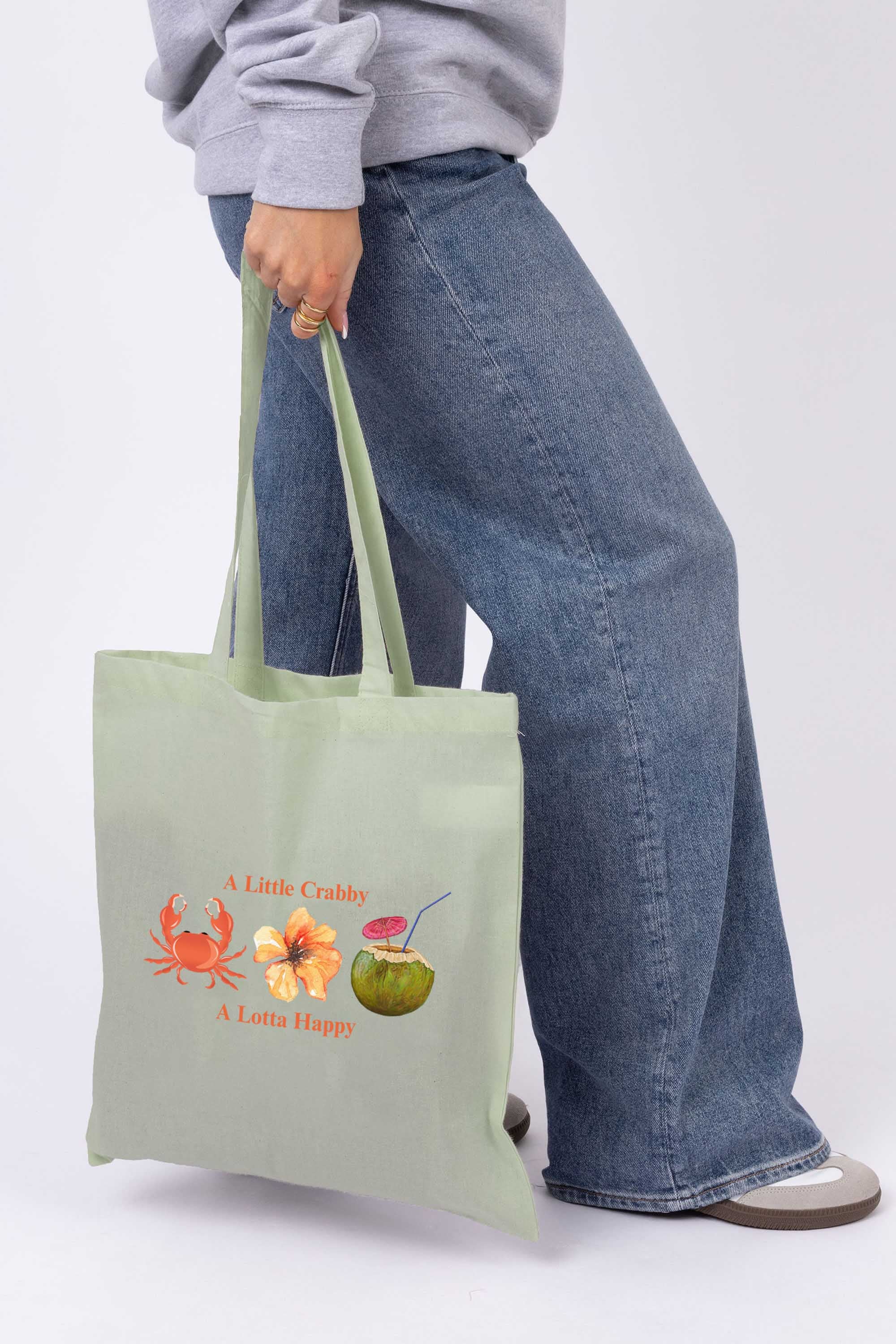 A Little Crabby A Lotta Happy Printed Cotton Tote Bag