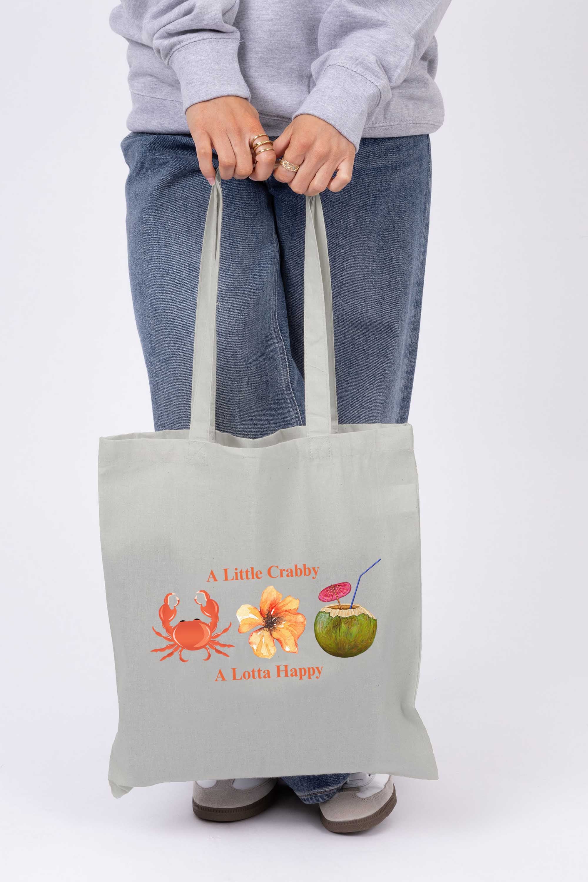 A Little Crabby A Lotta Happy Printed Cotton Tote Bag