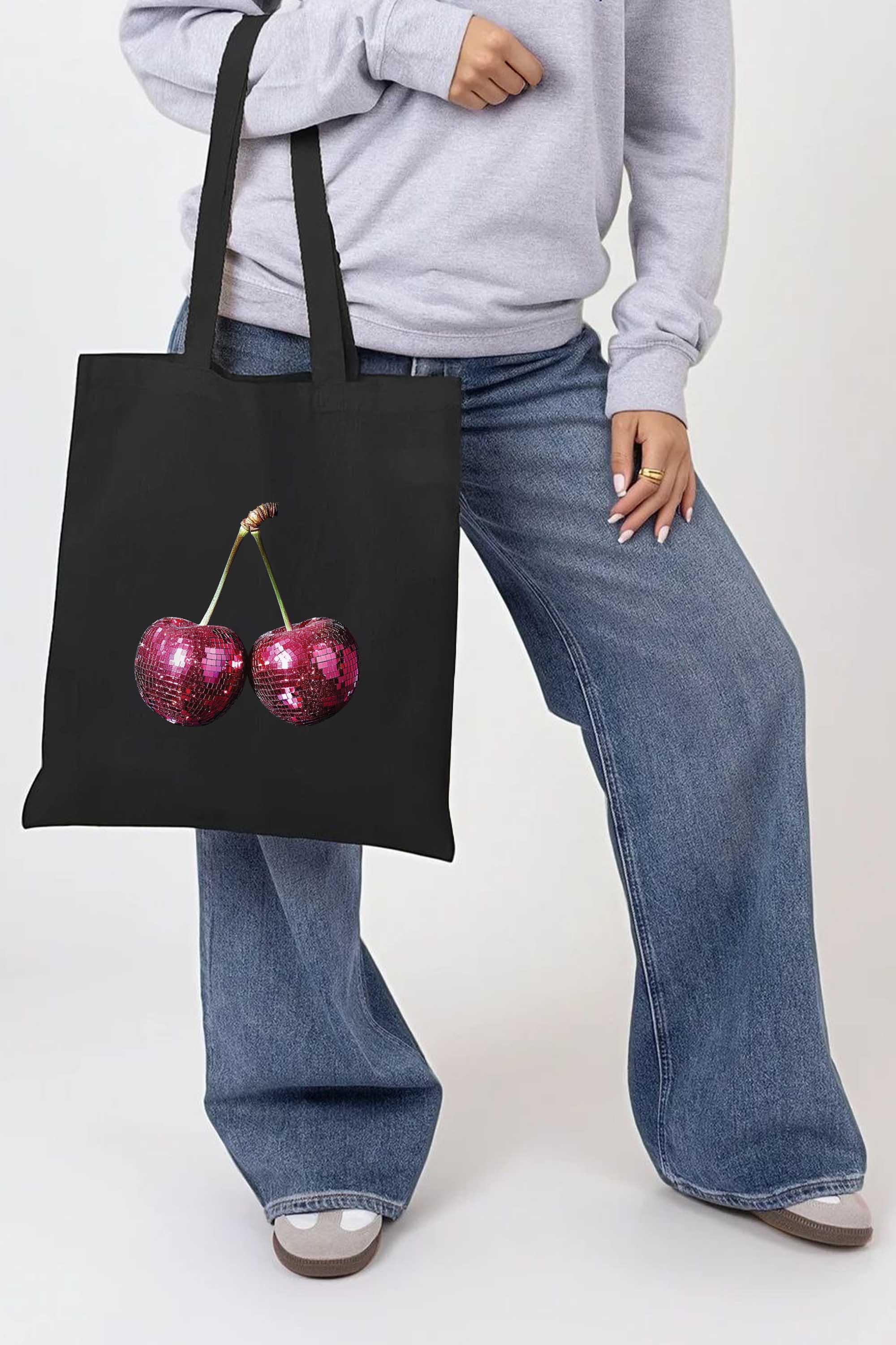 Disco Cherry Graphic Printed Cotton Tote Bag