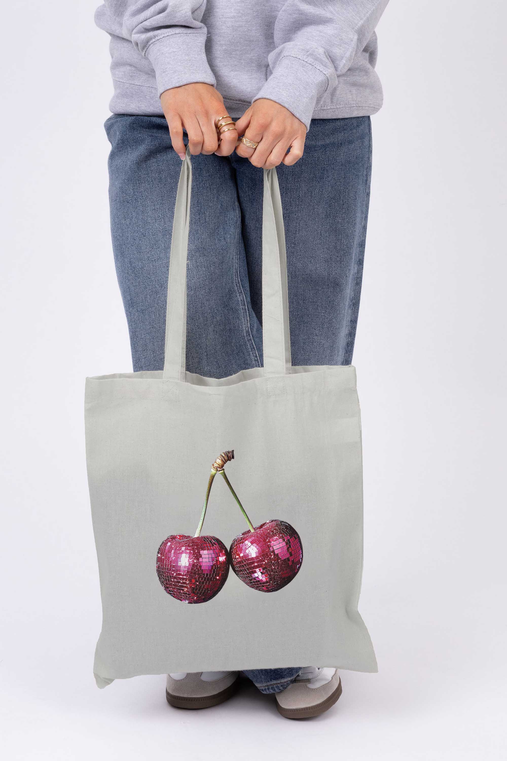 Disco Cherry Graphic Printed Cotton Tote Bag