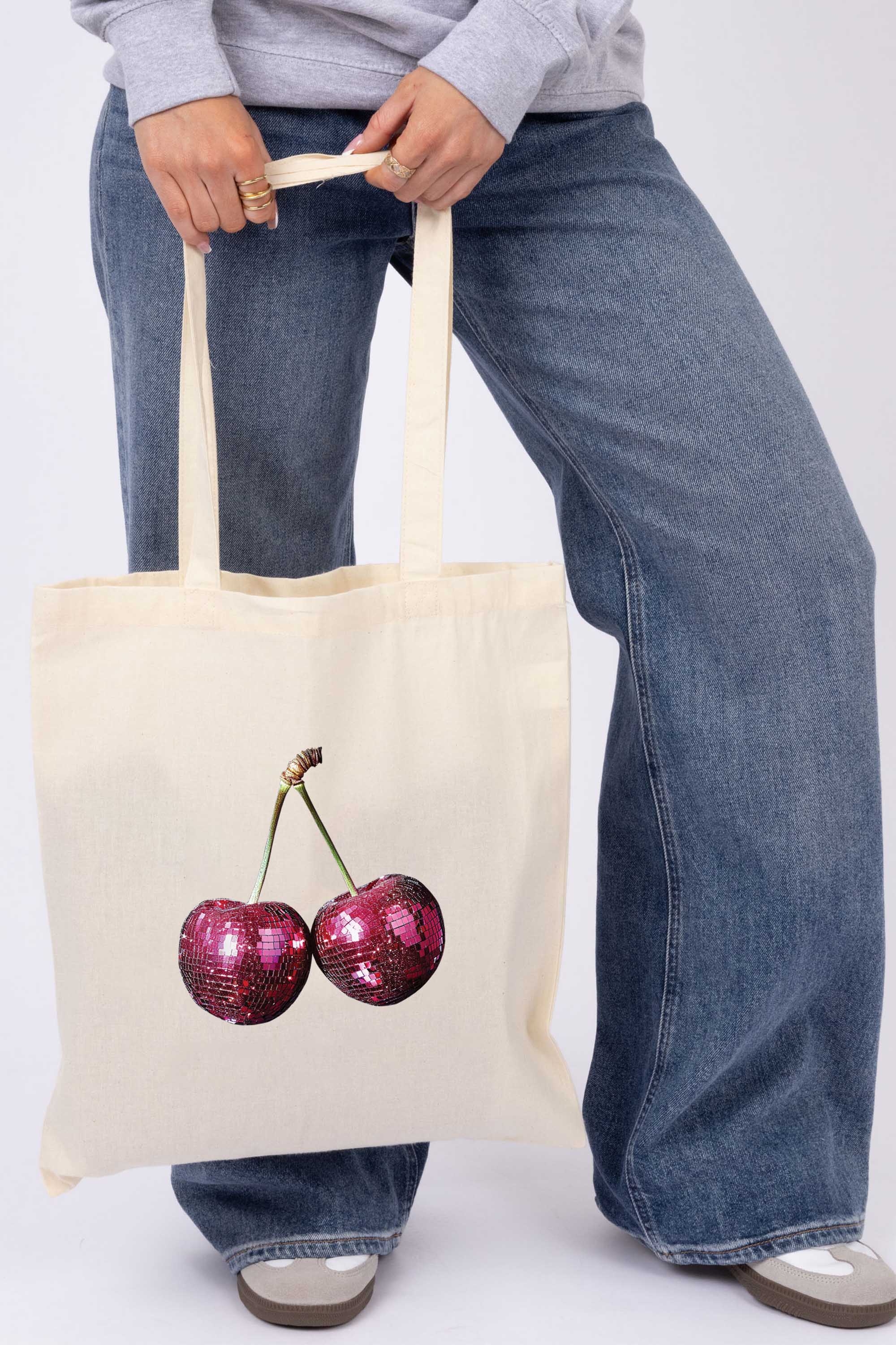 Disco Cherry Graphic Printed Cotton Tote Bag