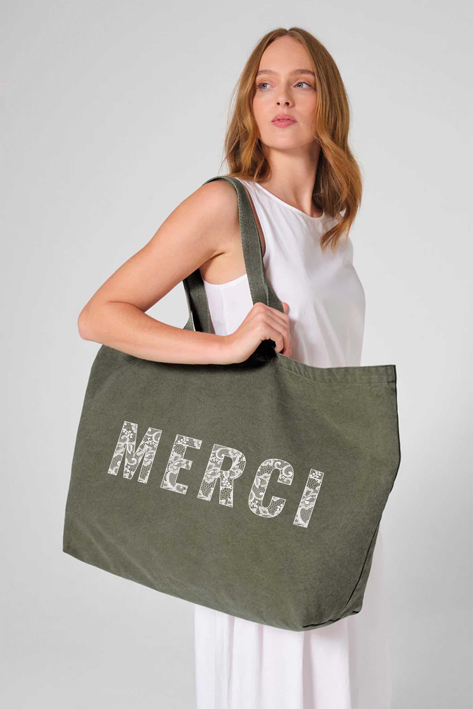 407gsm Acid Washed Merci Lace Printed Oversized Cotton Tote Bag