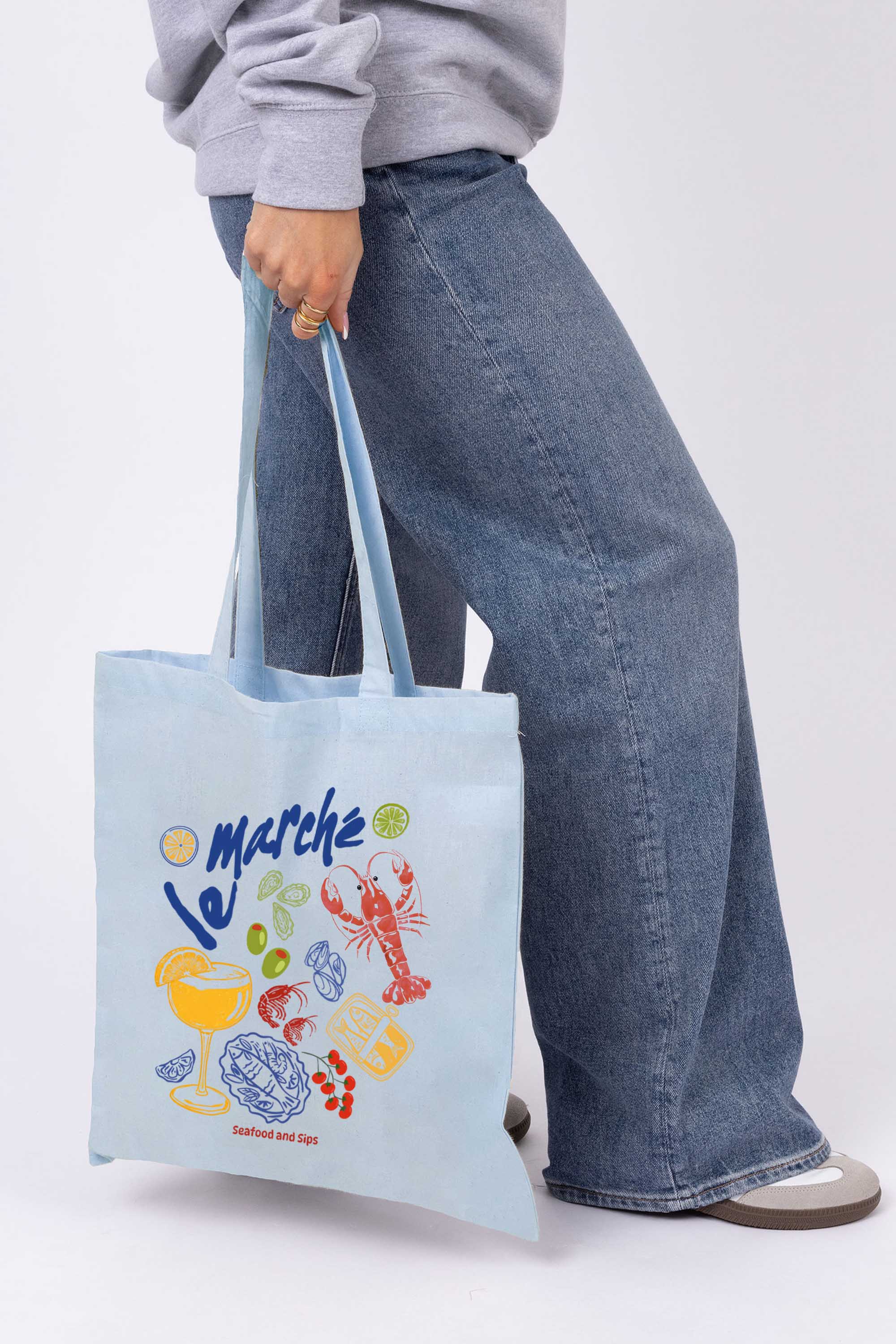 Vintage Seafood & Cocktails Graphic Printed Cotton Tote Bag