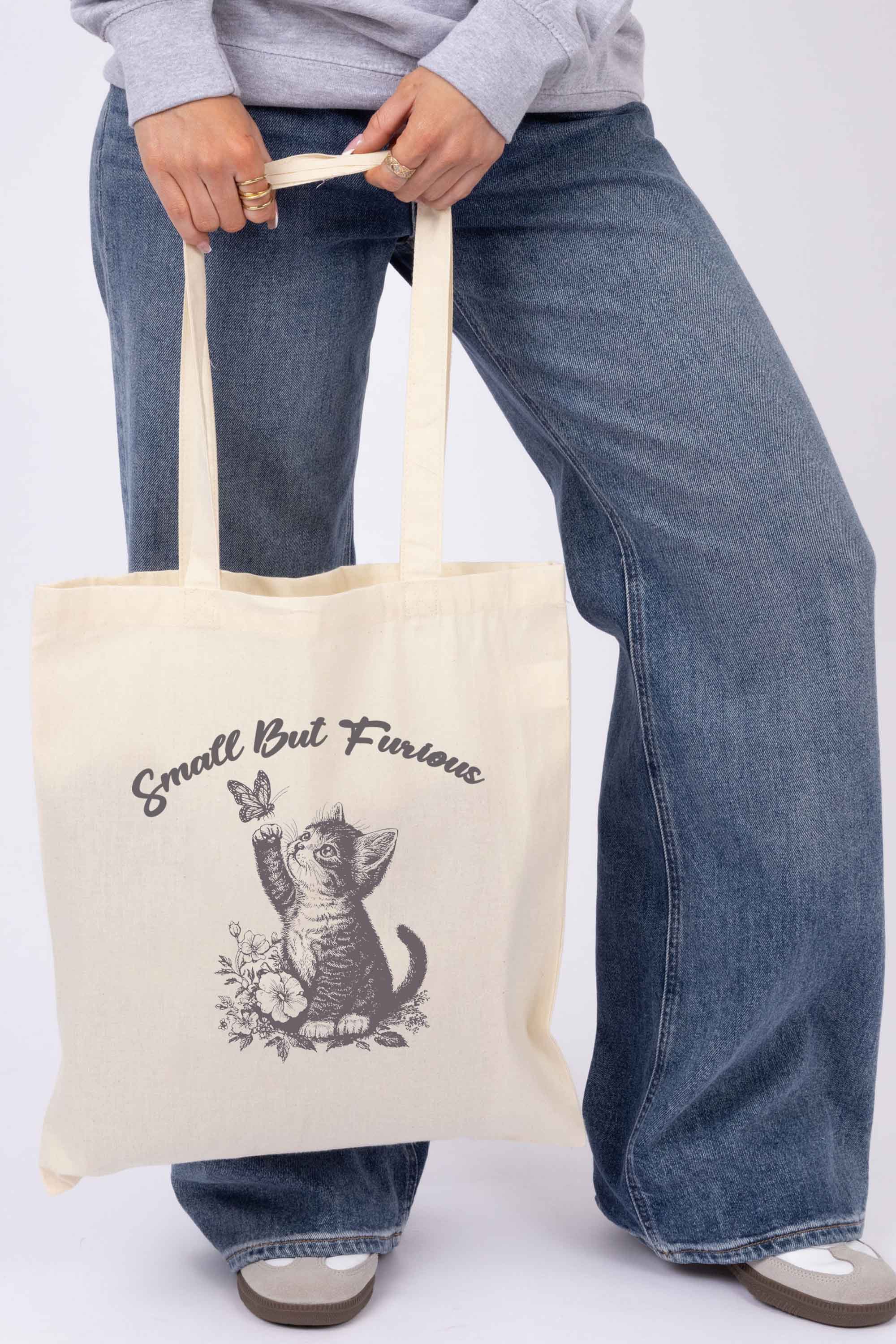 Small But Furious Cat Printed Cotton Tote Bag