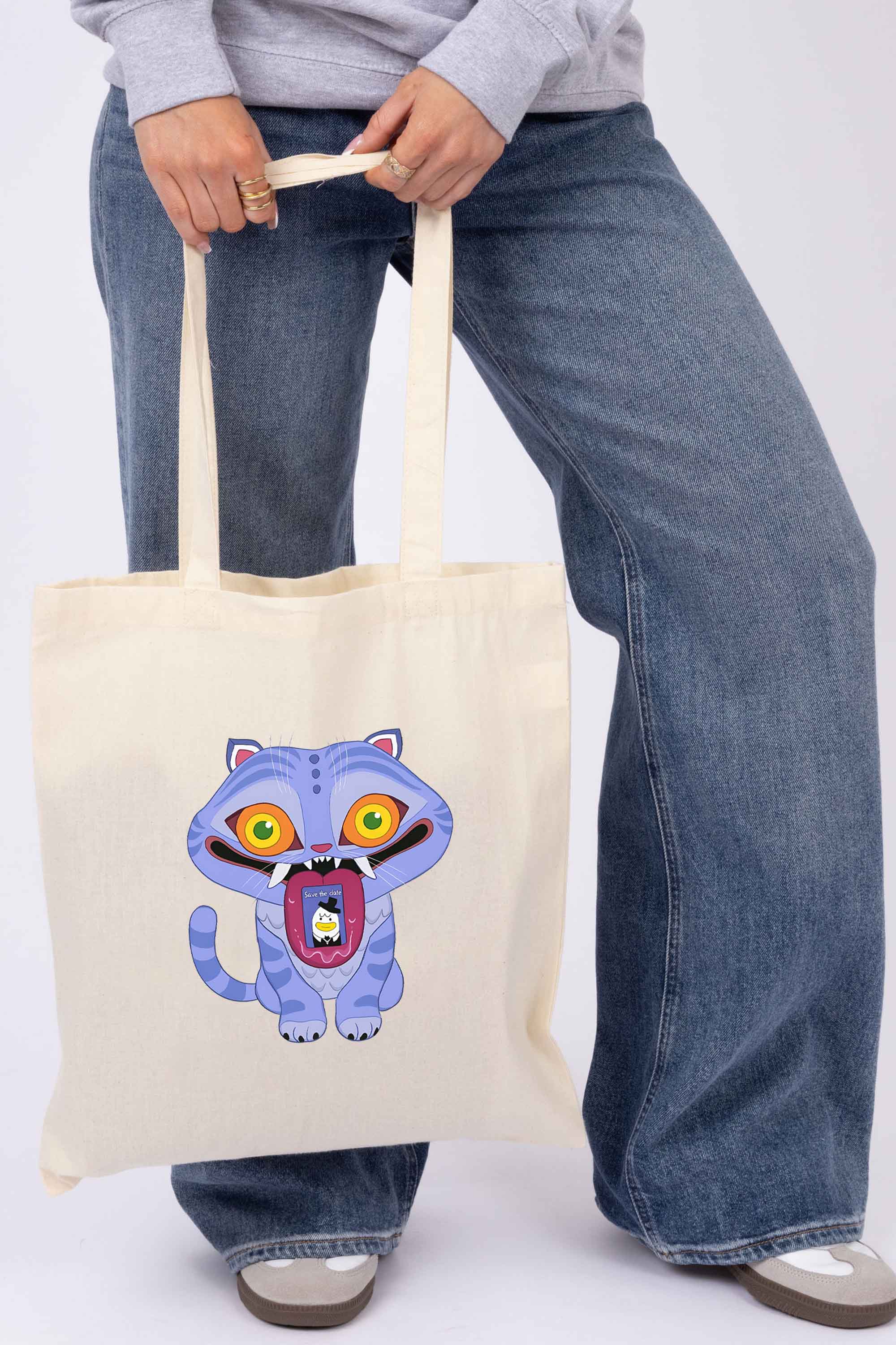 K-Pop Derpy Demon Cat Graphic Printed Cotton Tote Bag