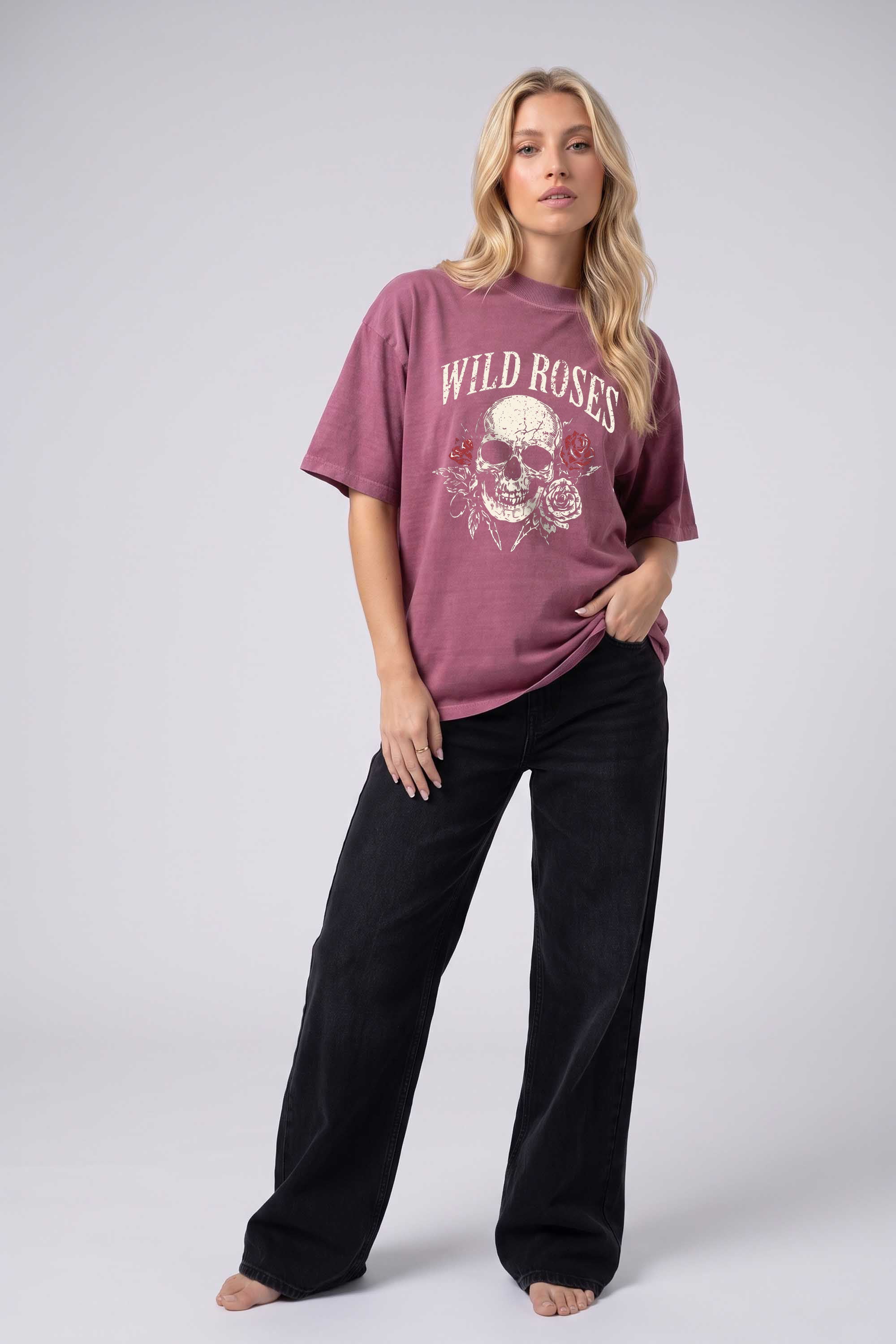 220GSM Oversized Acid Washed T-shirt in Wild Roses Skull Print
