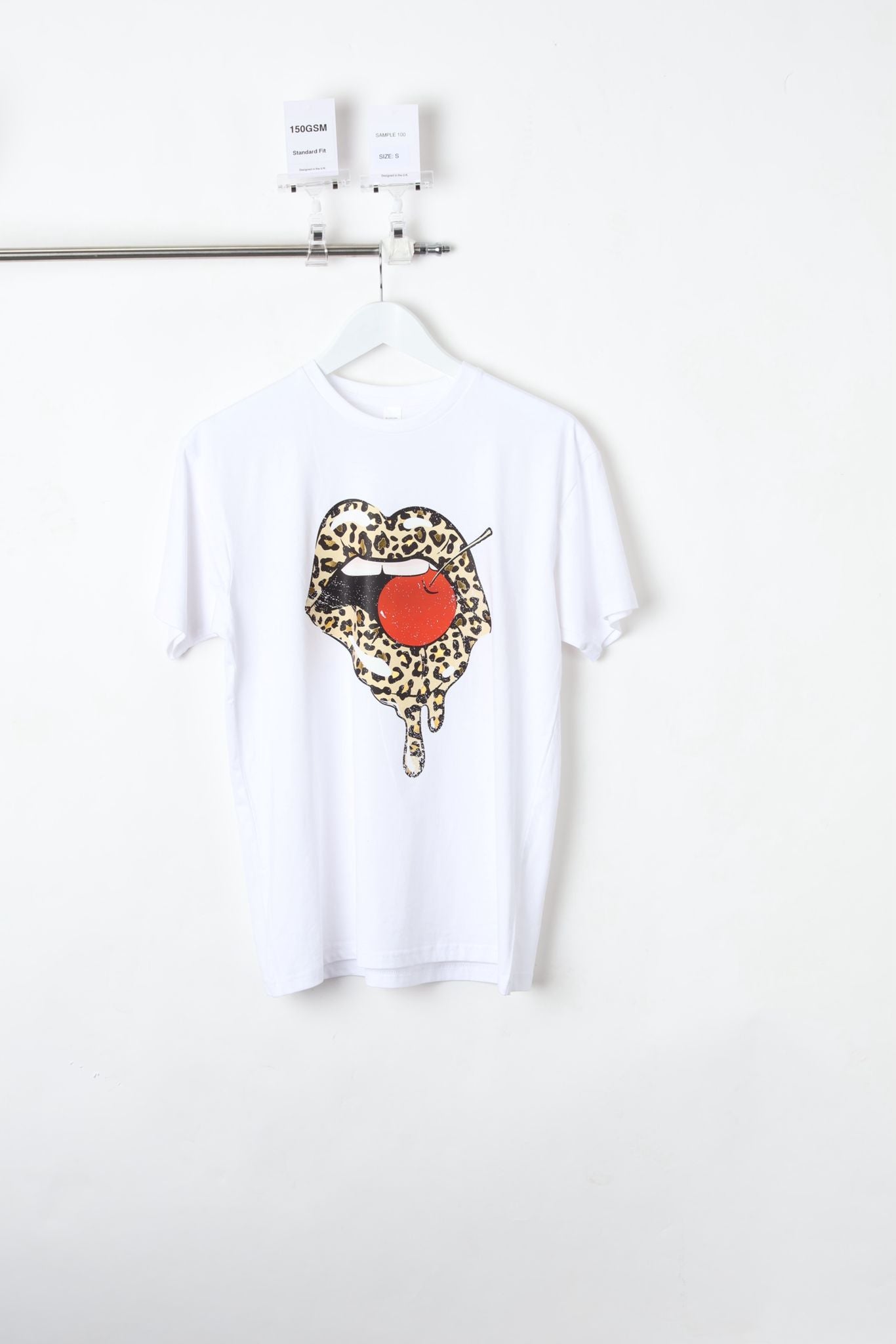 150GSM Standard fit Leopard Cherry Lip printed White T-Shirt (Size S) – Sample