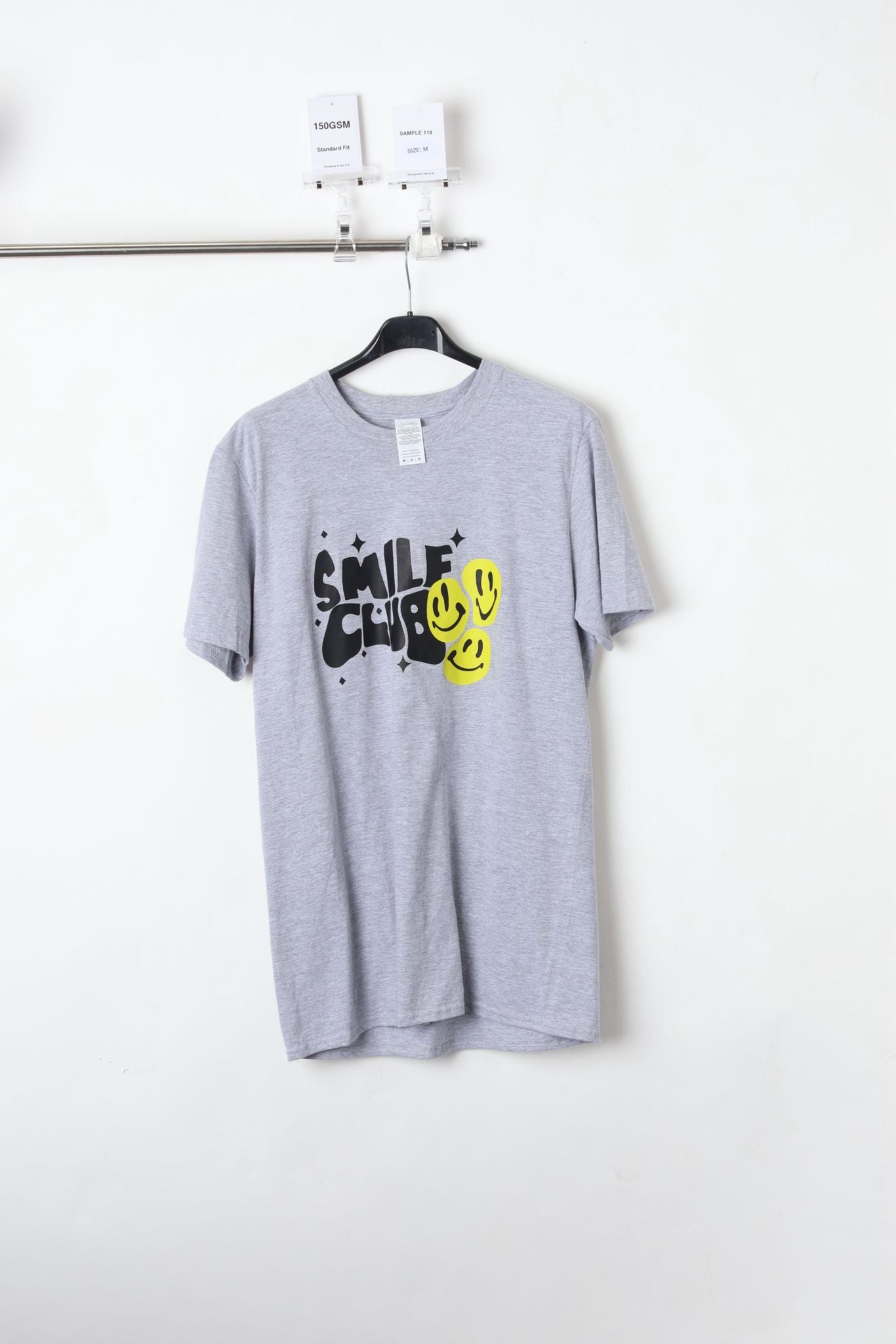 150 GSM Standard Fit Smile Club Slogan Printed Ash Grey T-Shirt (Size M) – Sample