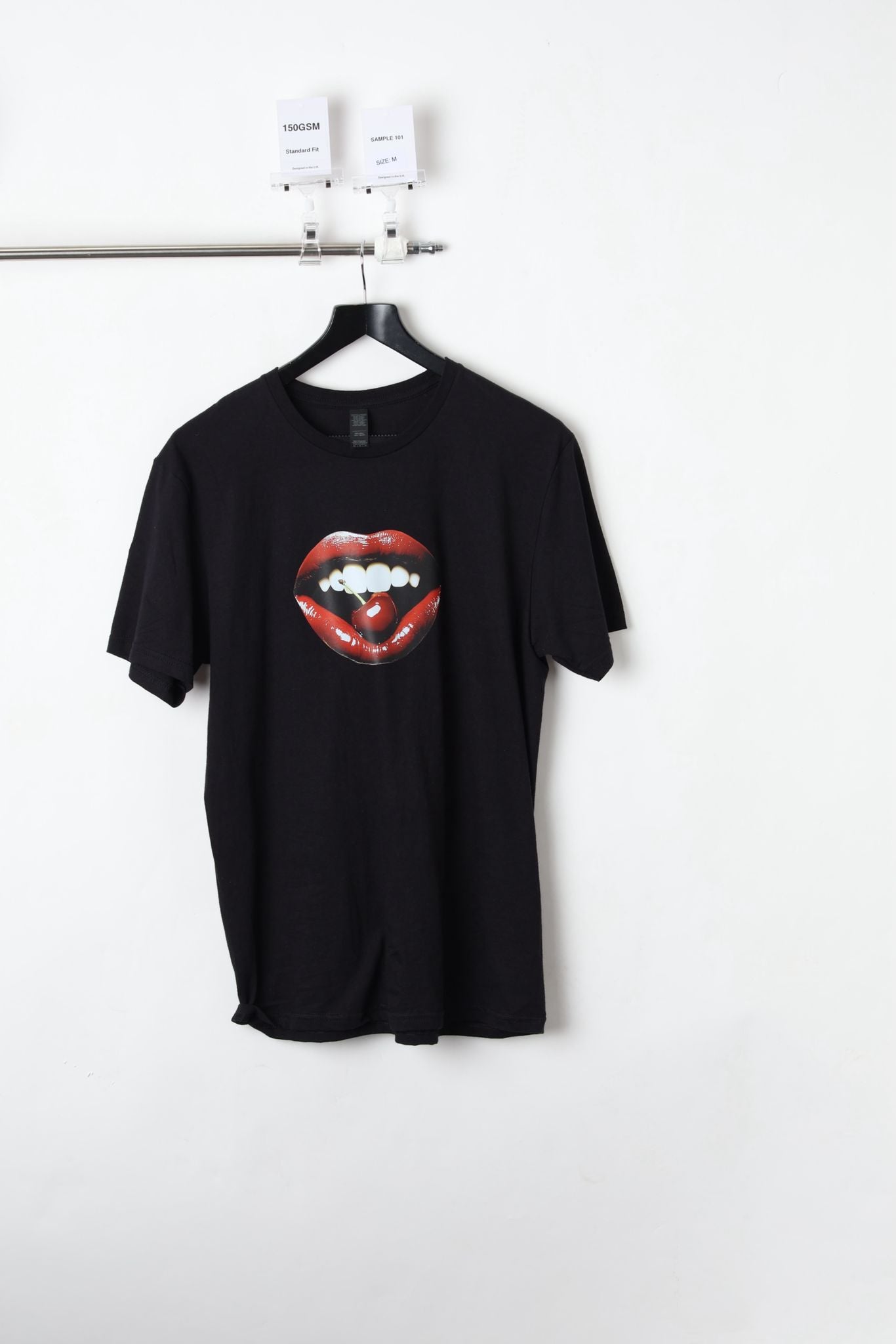 150GSM Standard Fit Cherry Lip Printed Black T-Shirt (Size-M) - Sample