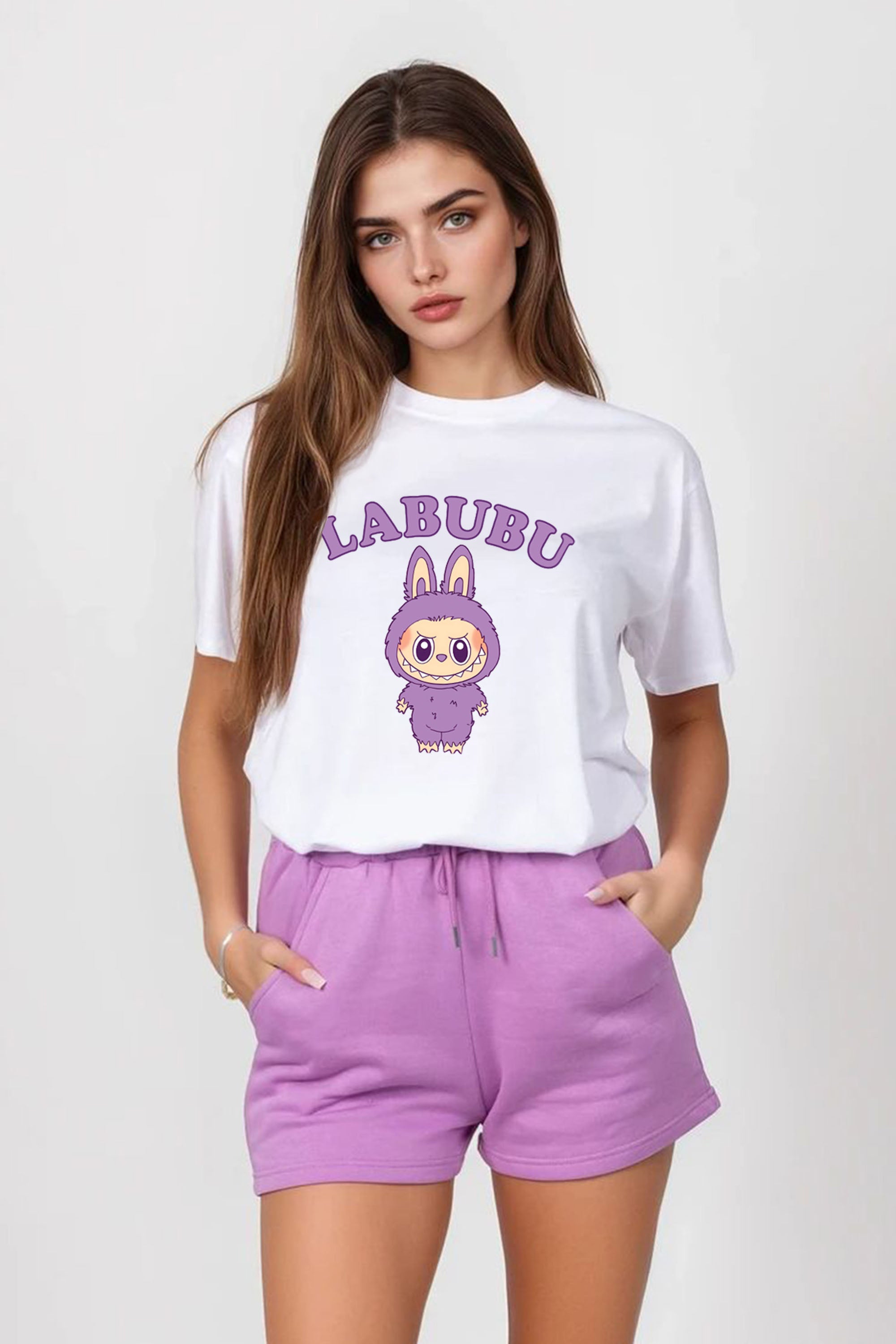 Regular Fit T-shirt Short Set In Purple Labubu Print (Pack of 4 Sets)