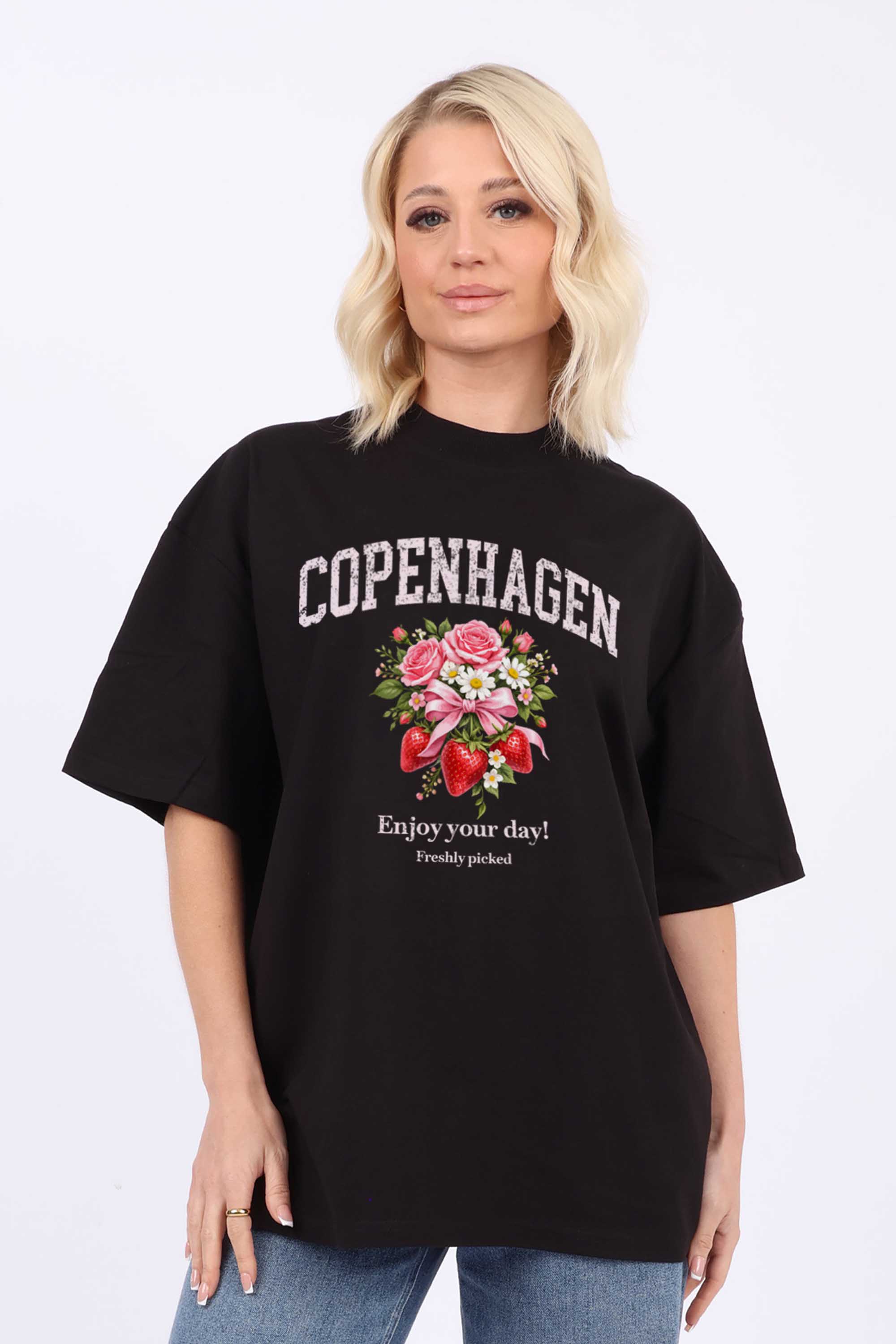 220GSM Oversized T-Shirt in Copenhagen Strawberry Floral Print