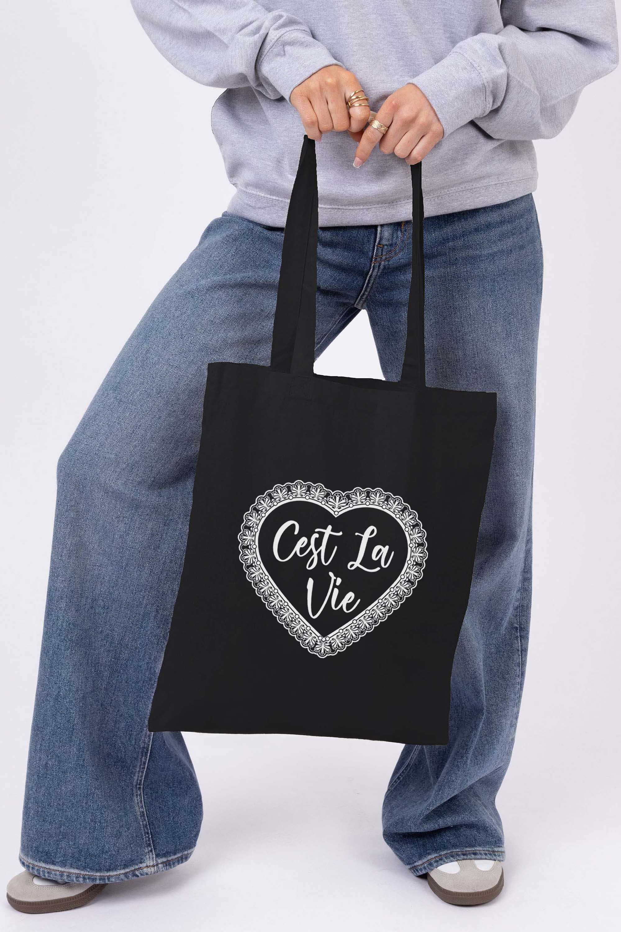 C’est La Vie Lace Heart Printed Cotton Tote Bag