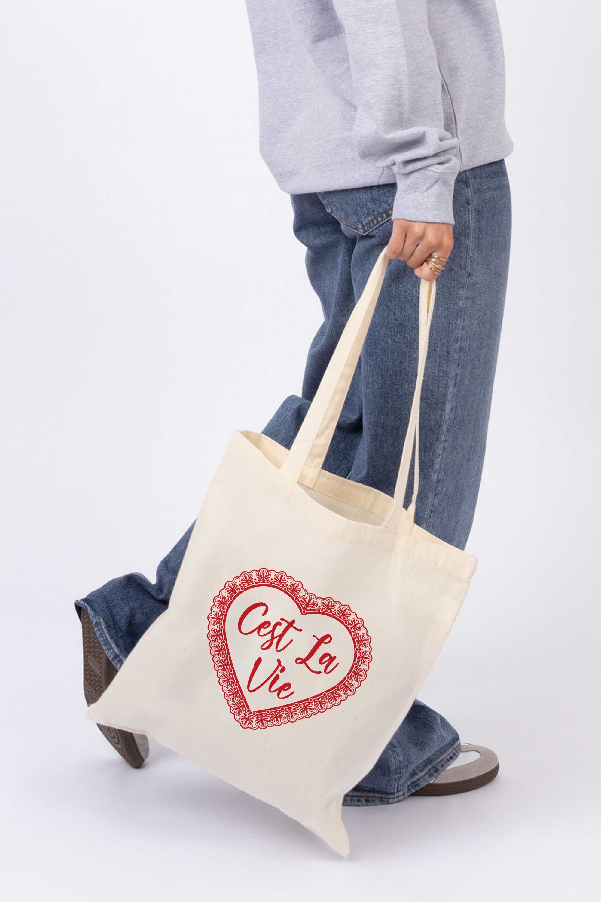 C’est La Vie Lace Heart Printed Cotton Tote Bag