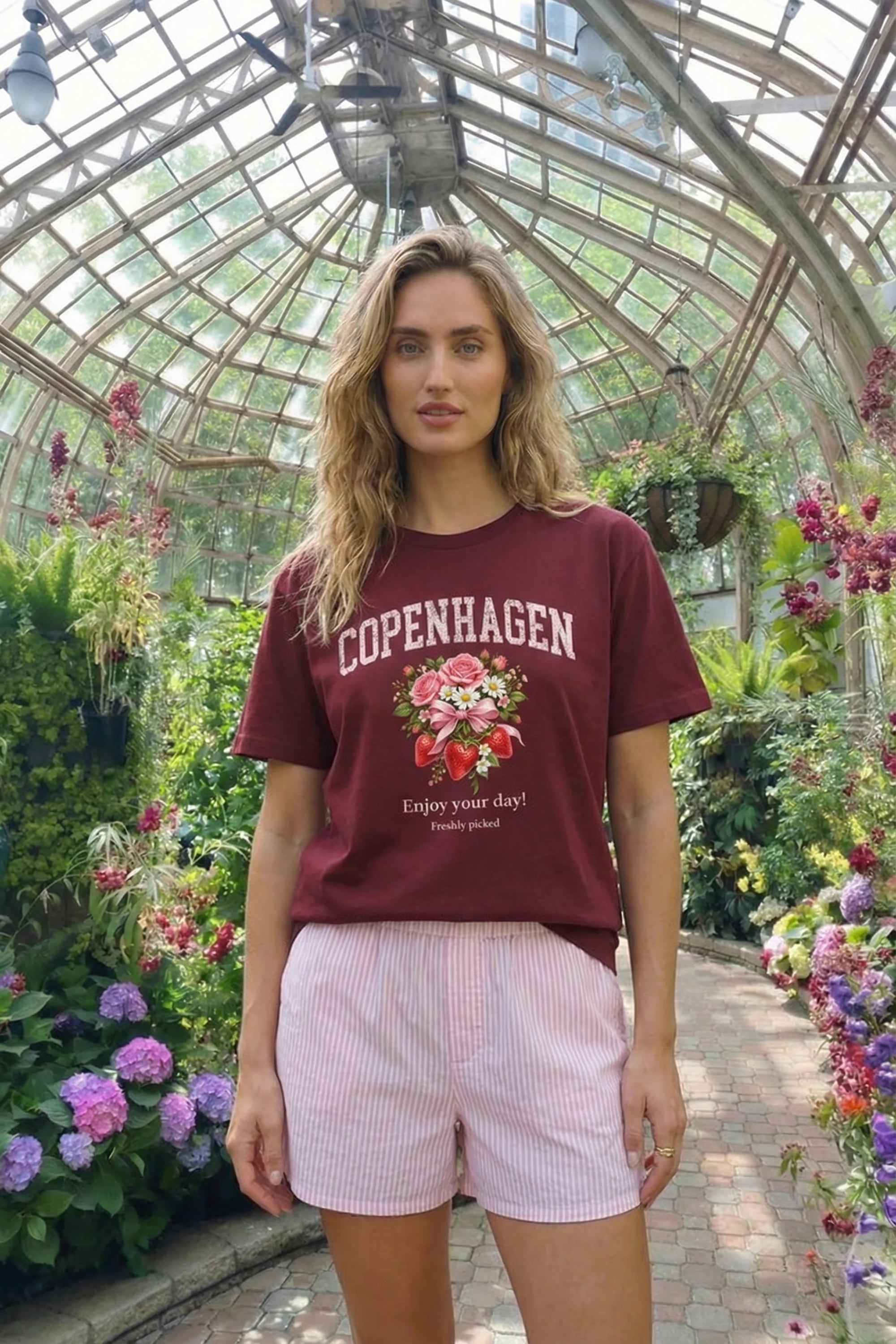 180 GSM Unisex Organic Copenhagen Strawberry Floral Printed T-Shirt