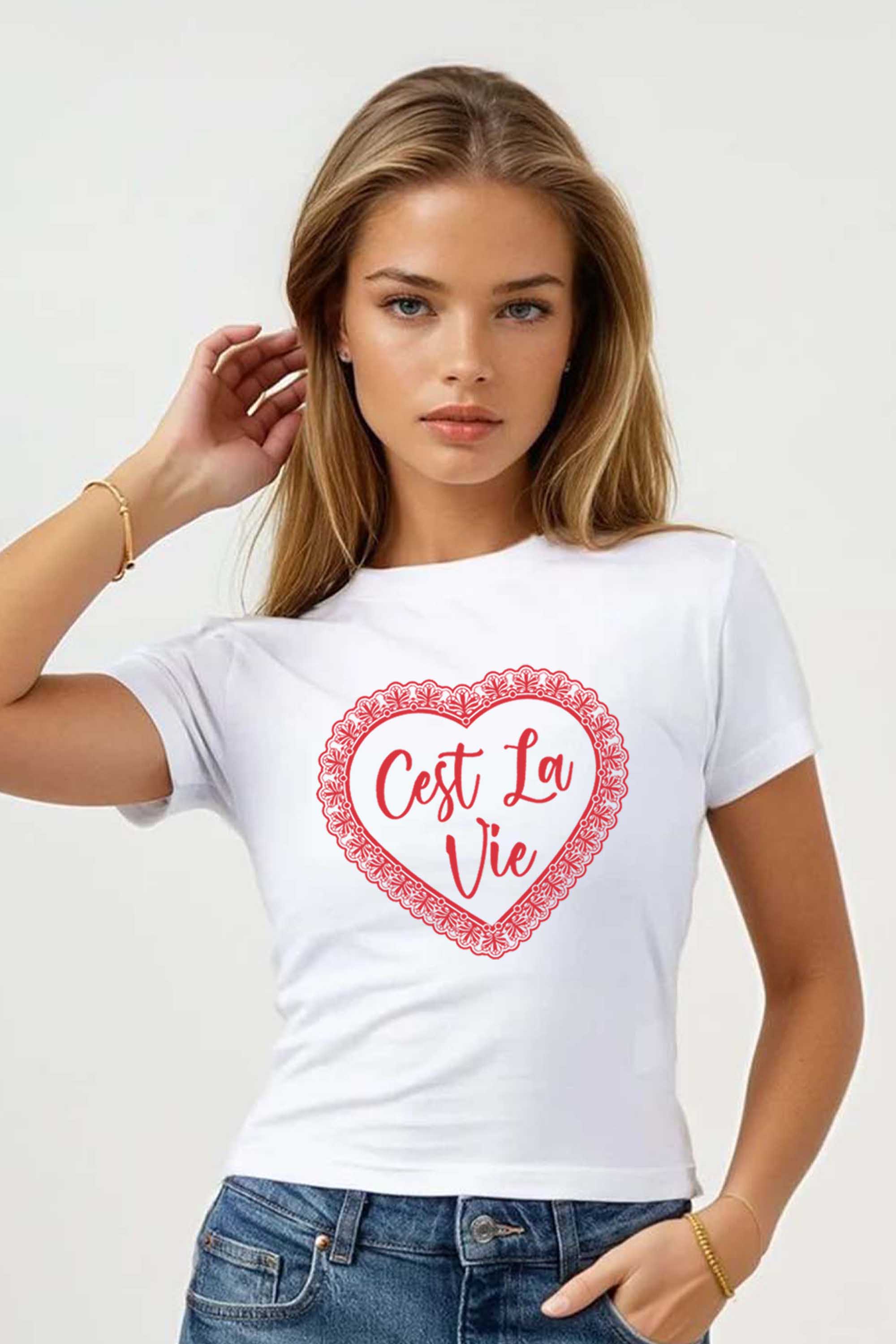 220GSM C’est La Vie Lace Heart Printed Baby Tee