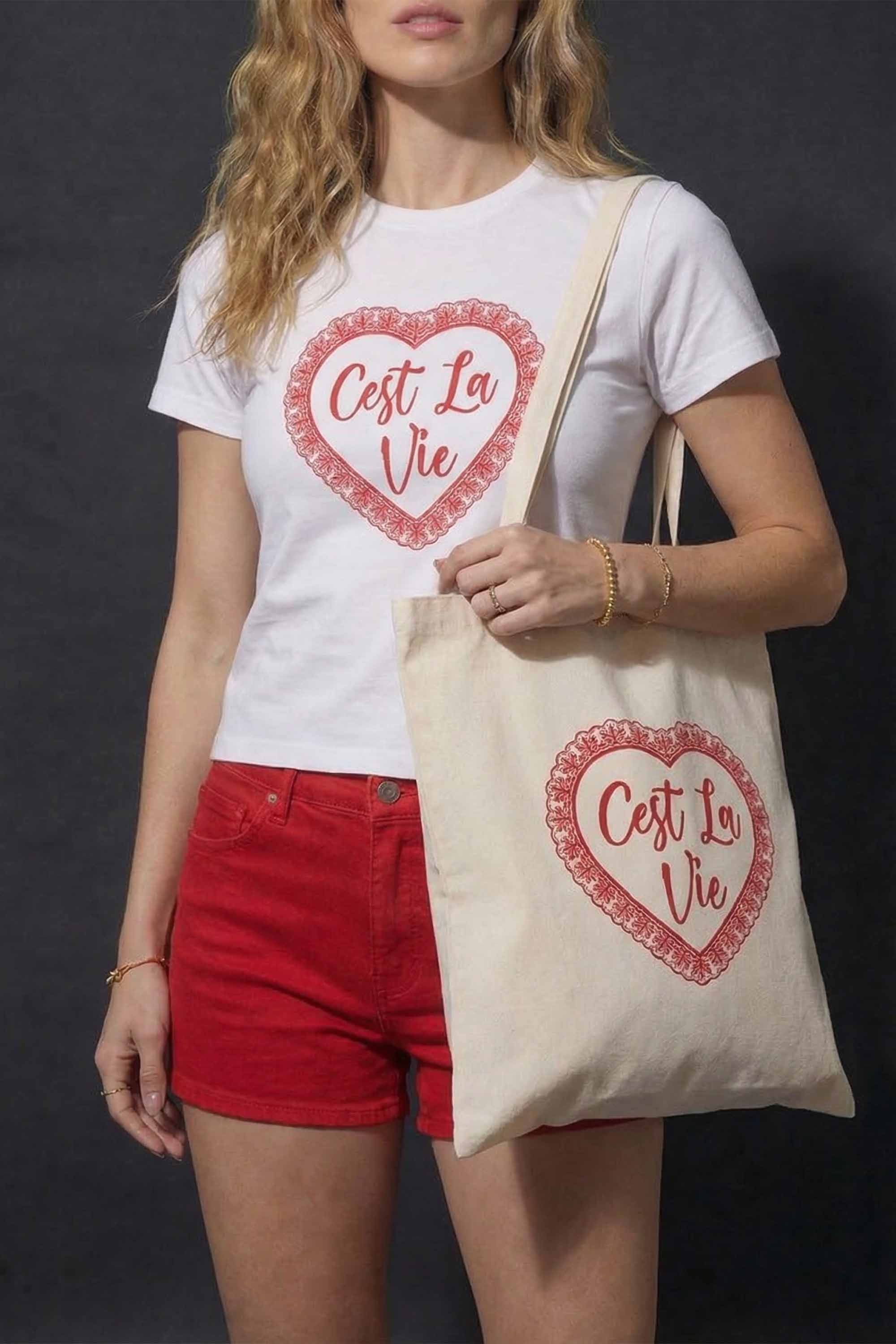 C’est La Vie Lace Heart Printed Cotton Tote Bag