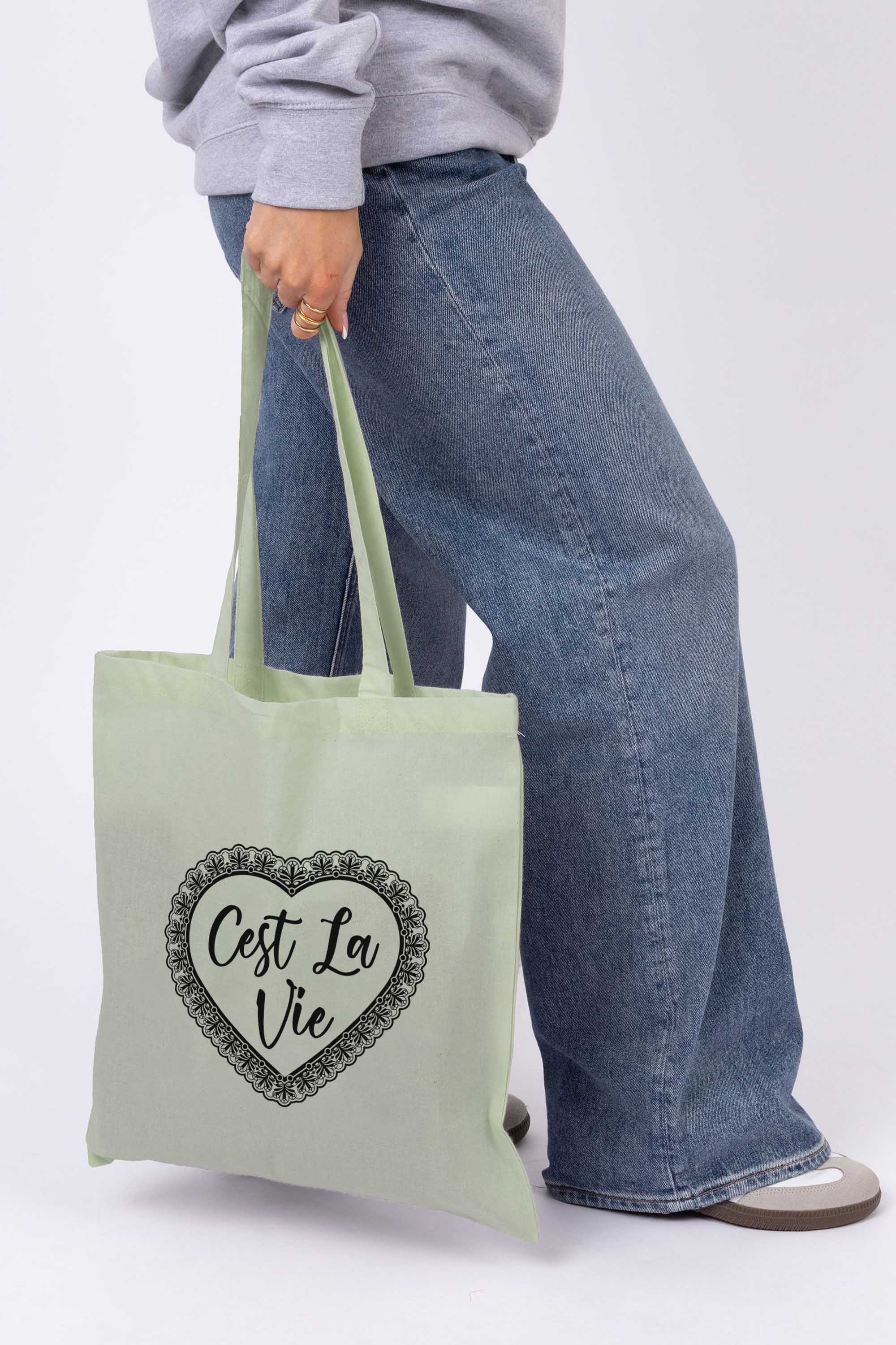 C’est La Vie Lace Heart Printed Cotton Tote Bag