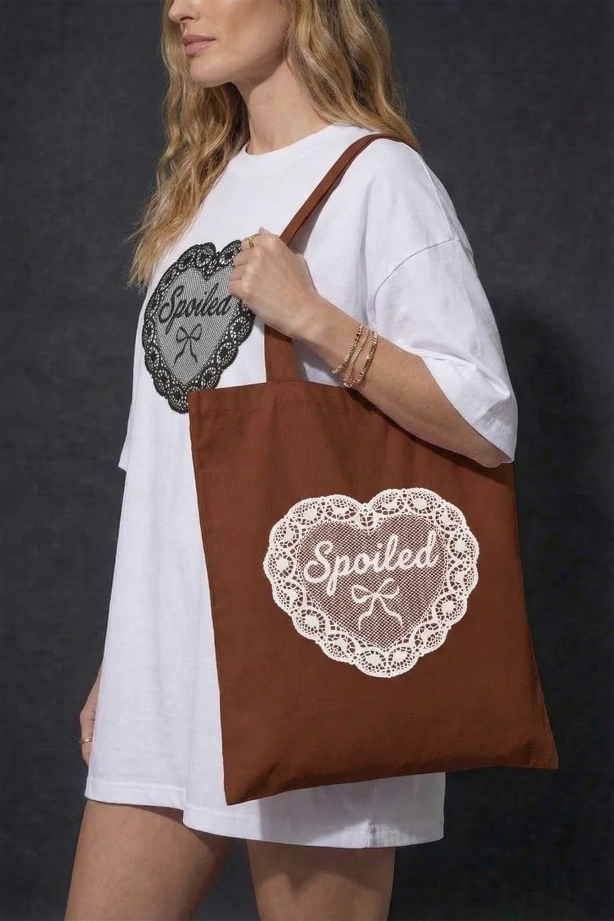 Spoiled Lace Heart Printed Cotton Tote Bag