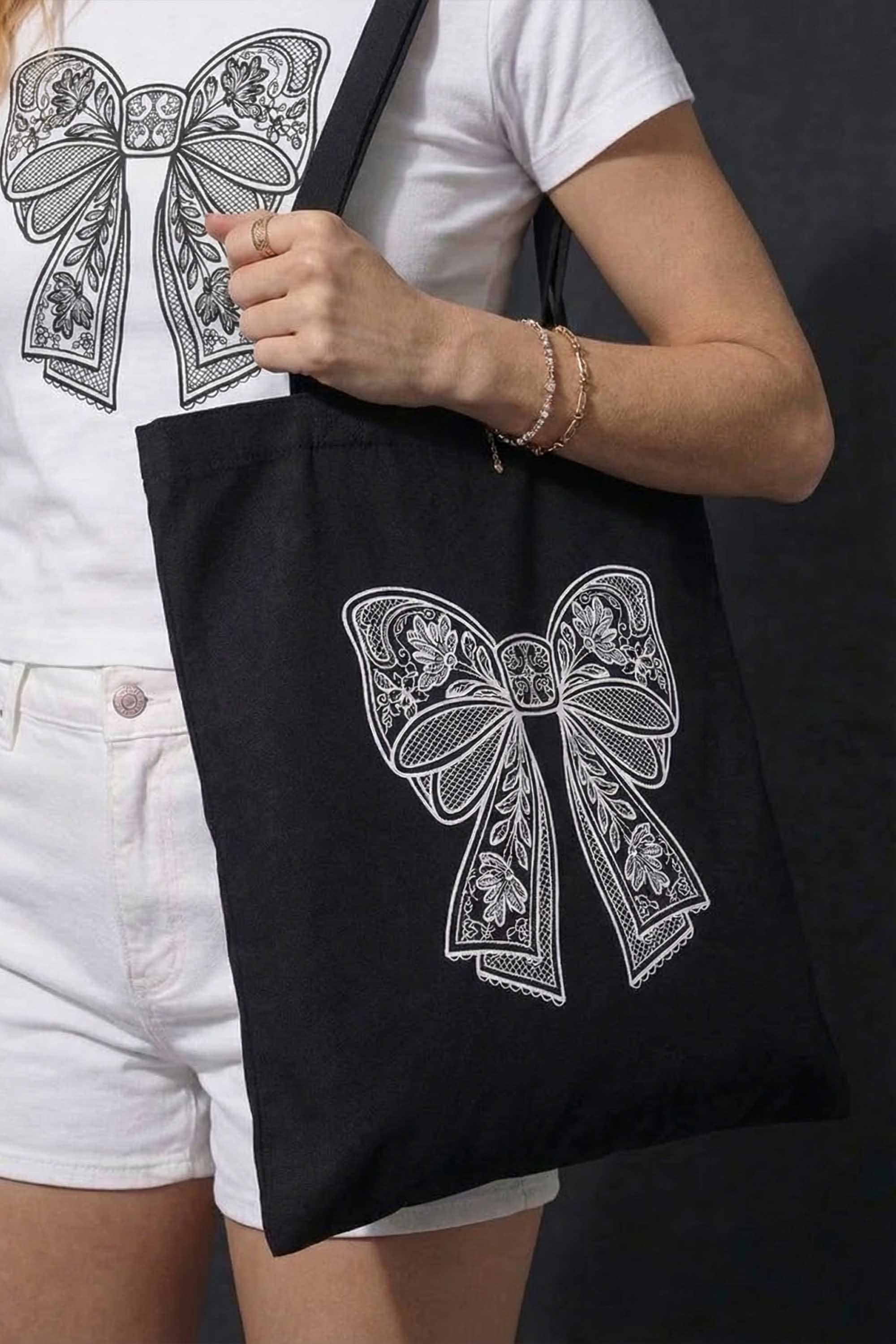 Lace Bow Printed Cotton Tote Bag