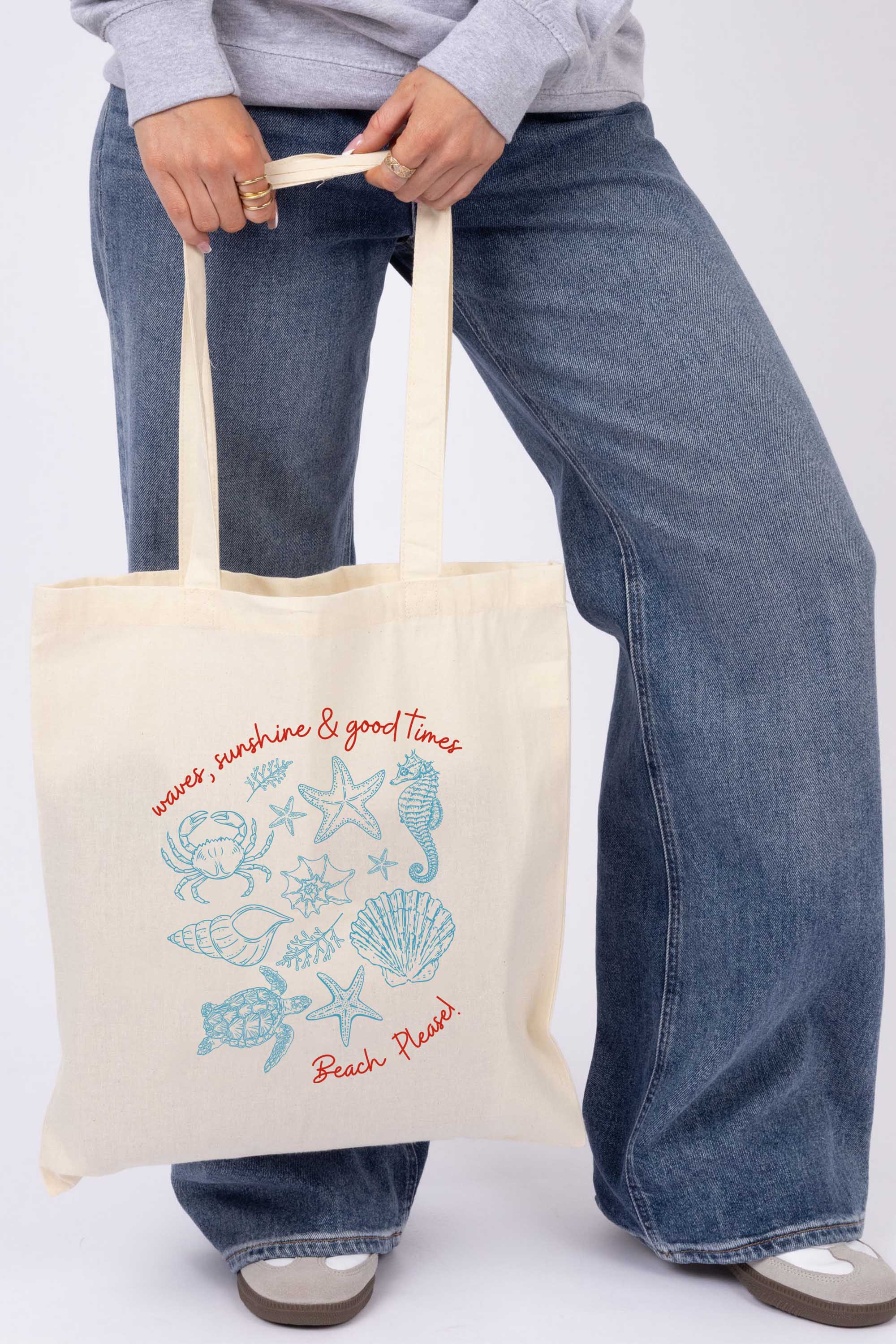 Beach Please Seashell Graphic Printed Cotton Tote Bag