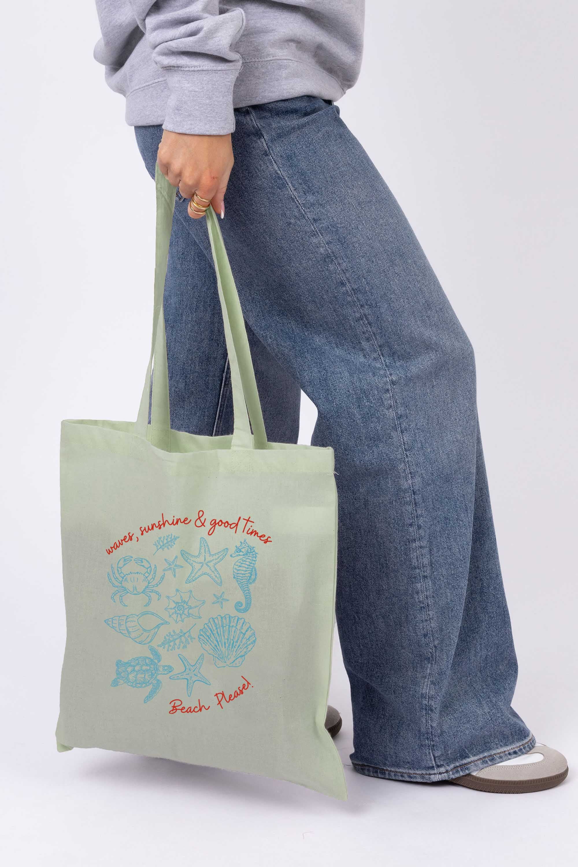 Beach Please Seashell Graphic Printed Cotton Tote Bag