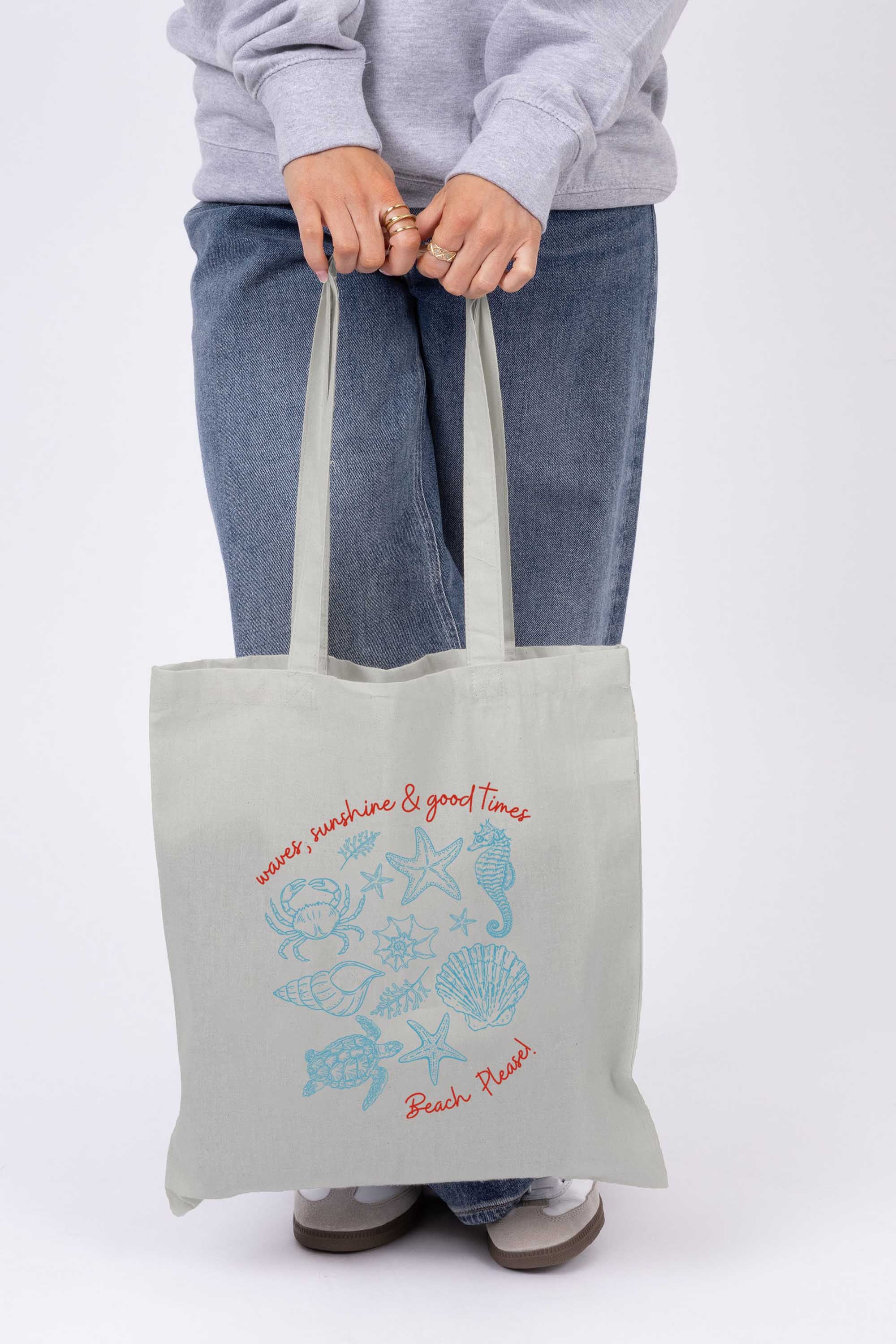 Beach Please Seashell Graphic Printed Cotton Tote Bag