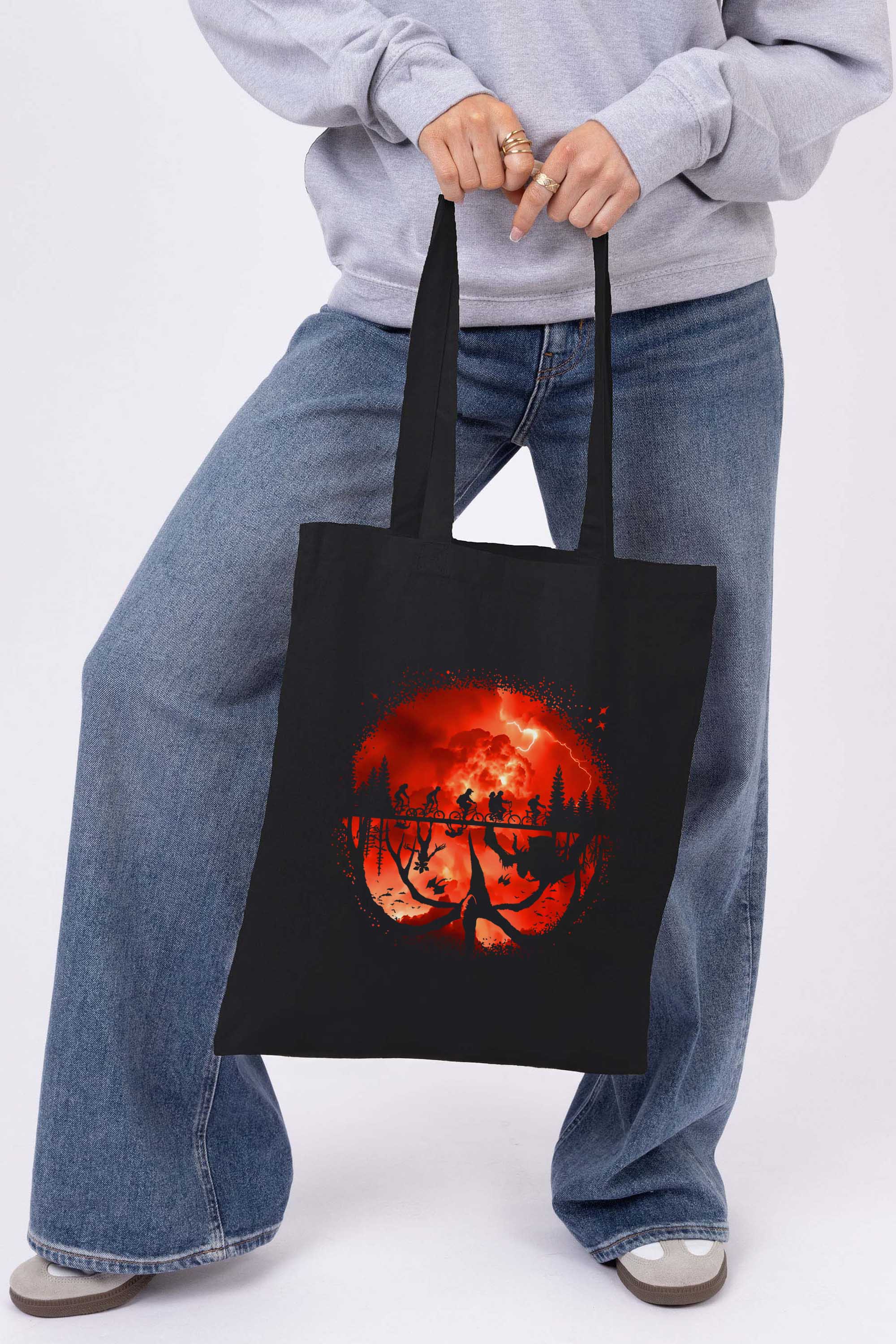 Upside Down Bike Scene Printed Cotton Tote Bag
