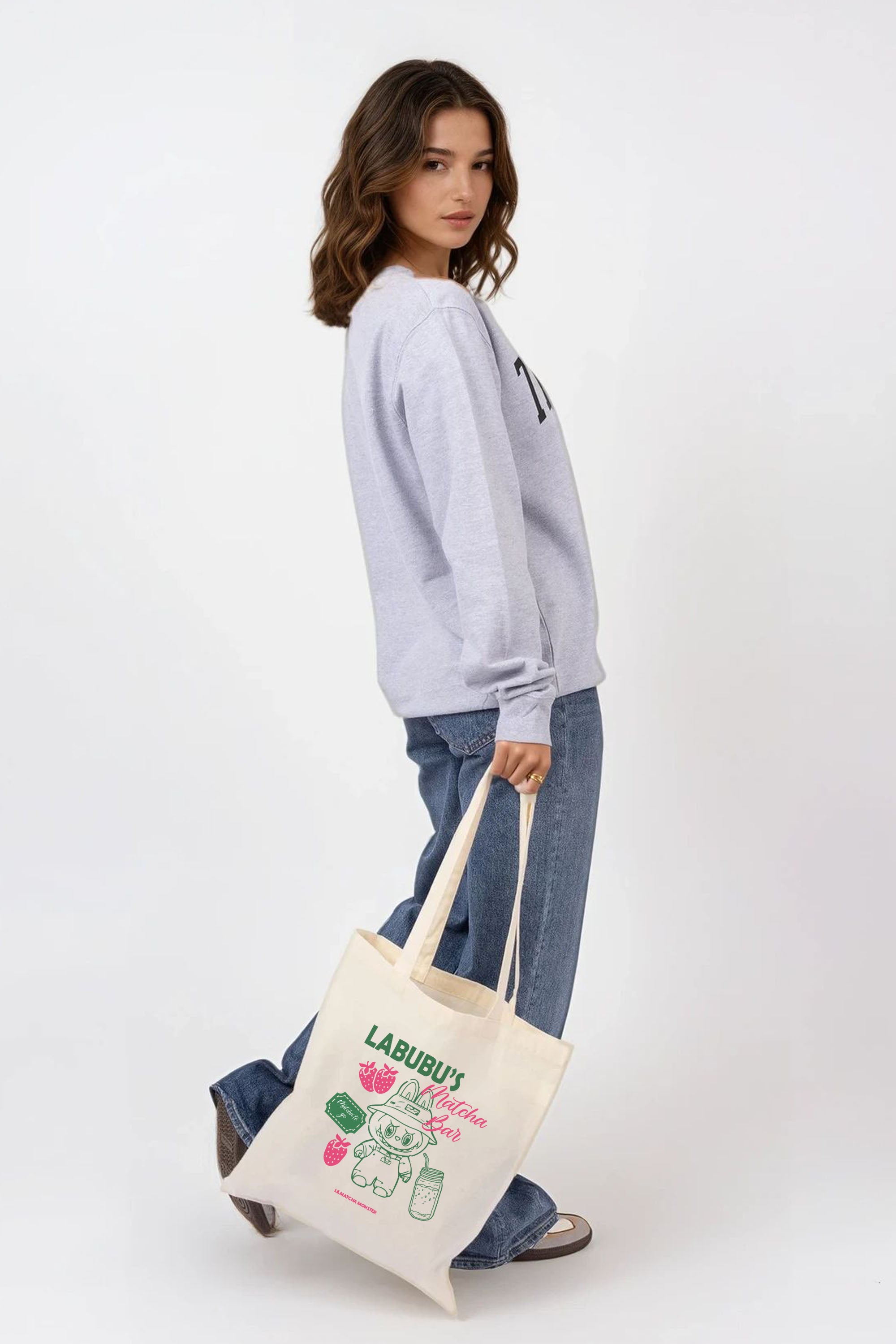 Labubu Matcha Bar Printed Cotton Tote Bag